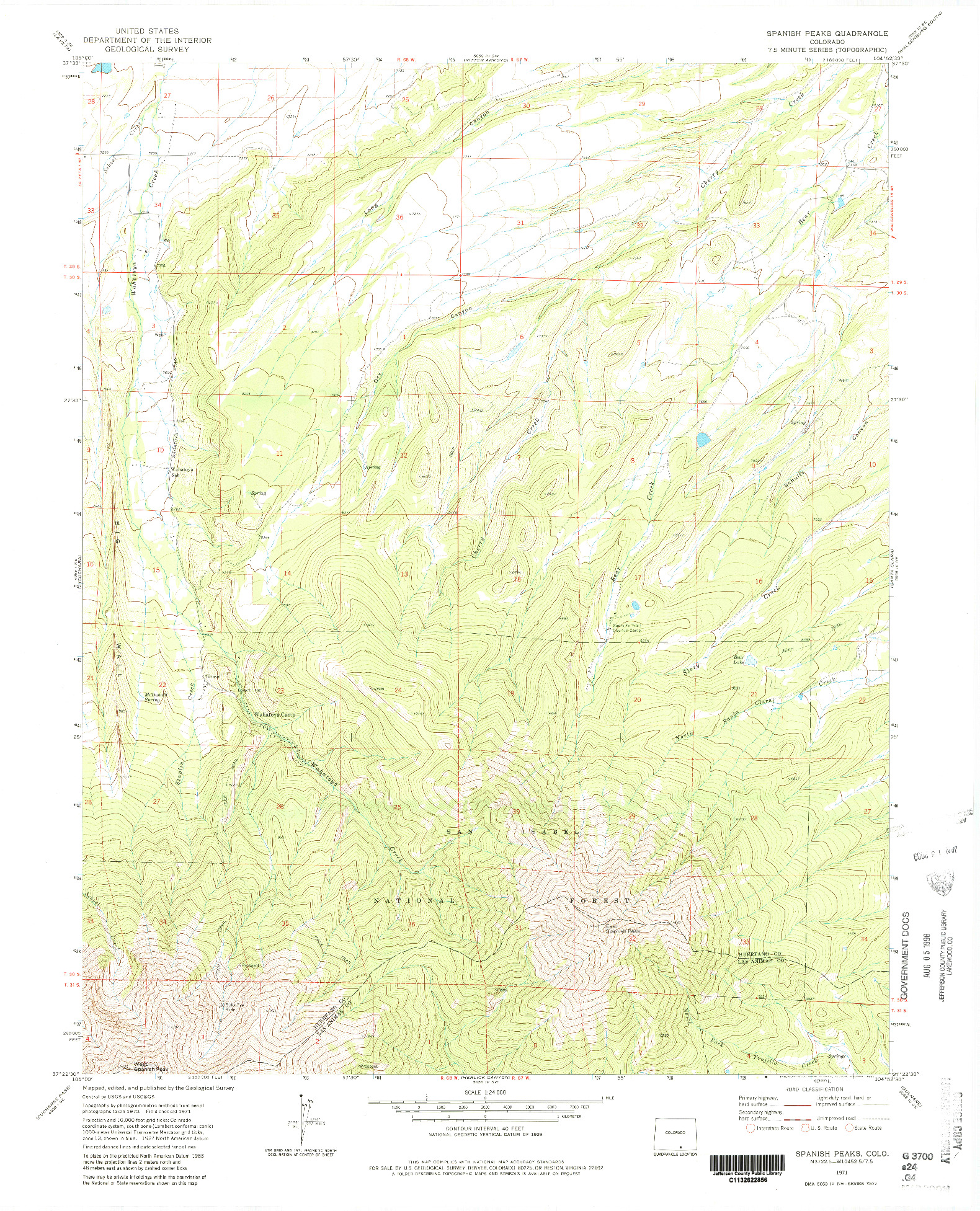 USGS 1:24000-SCALE QUADRANGLE FOR SPANISH PEAKS, CO 1971