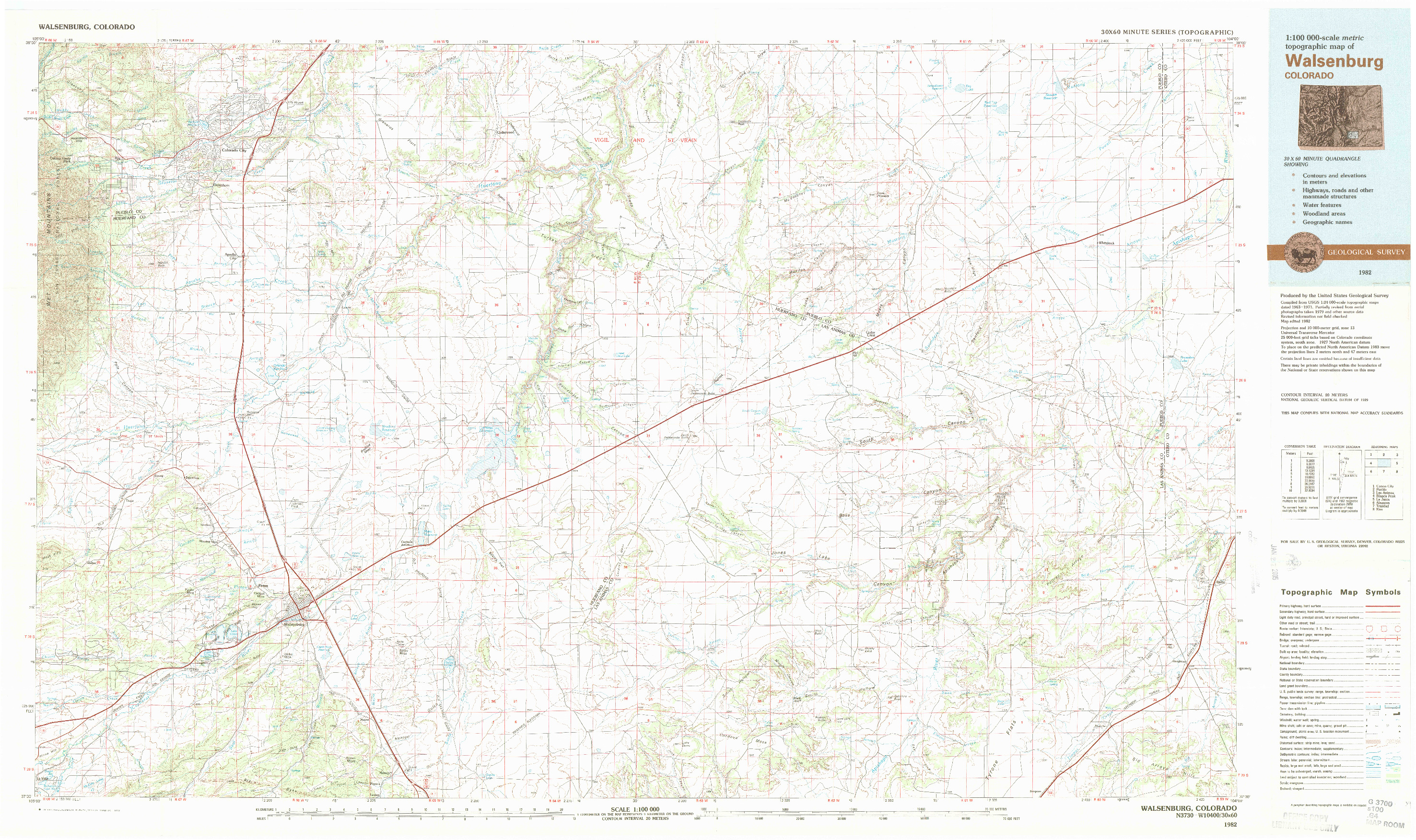 USGS 1:100000-SCALE QUADRANGLE FOR WALSENBURG, CO 1982