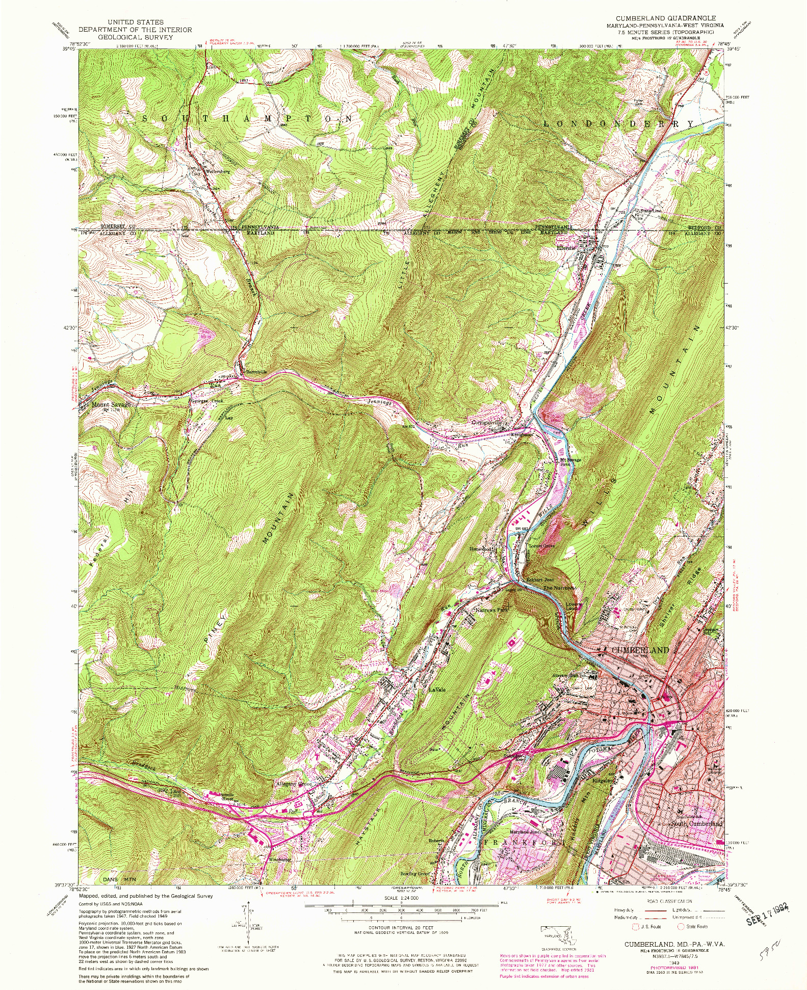 USGS 1:24000-SCALE QUADRANGLE FOR CUMBERLAND, MD 1949