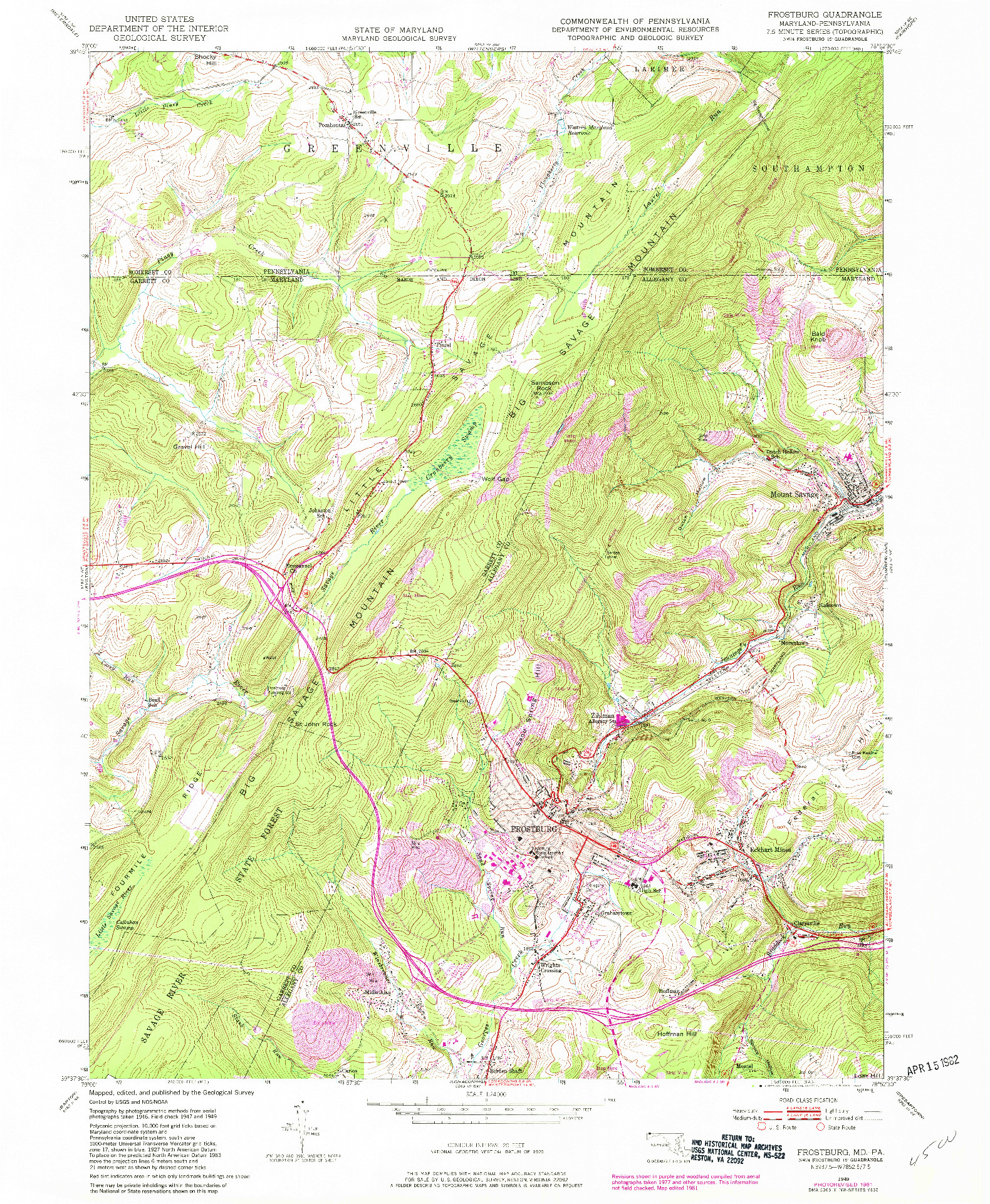 USGS 1:24000-SCALE QUADRANGLE FOR FROSTBURG, MD 1949