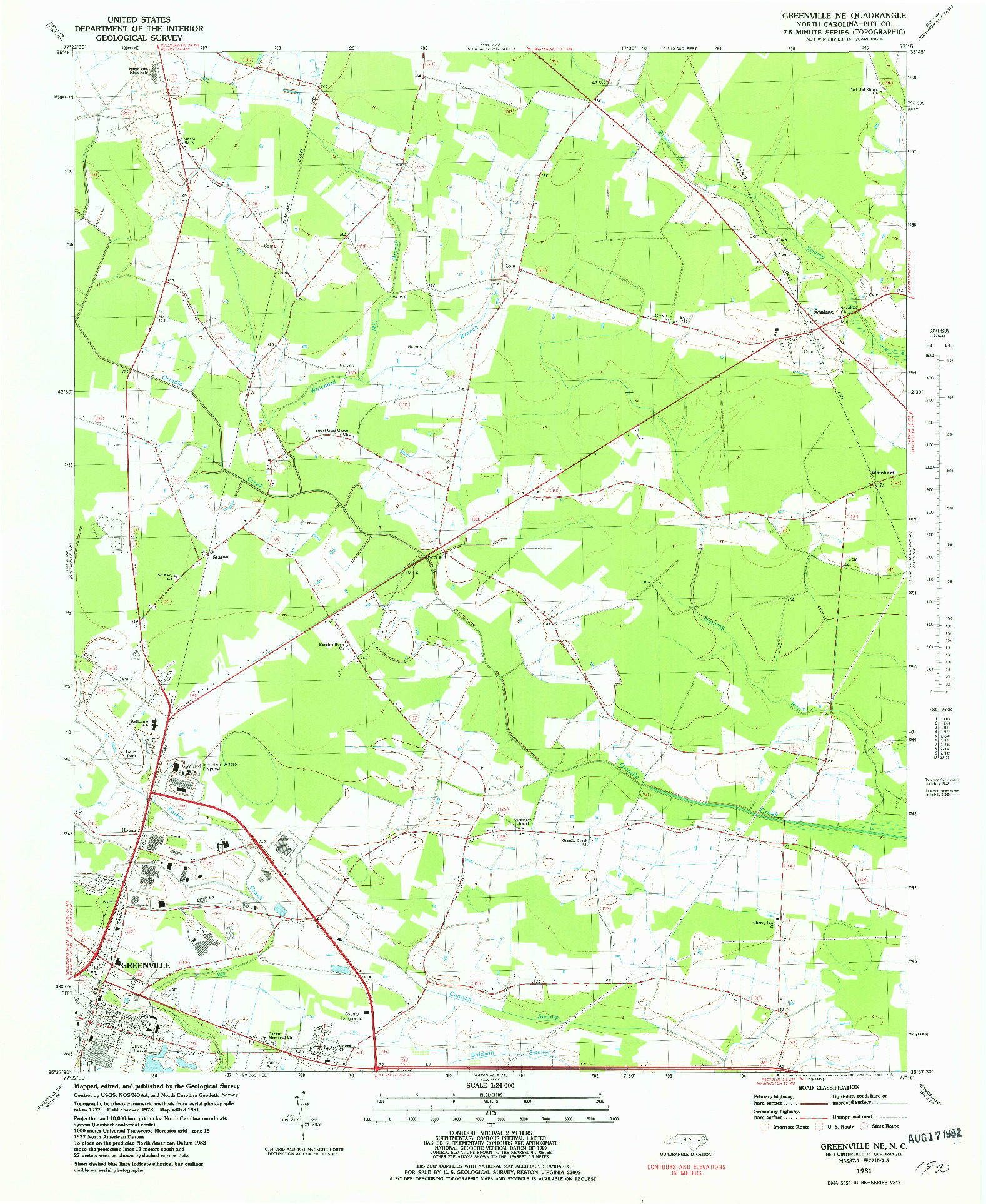 USGS 1:24000-SCALE QUADRANGLE FOR GREENVILLE NE, NC 1981