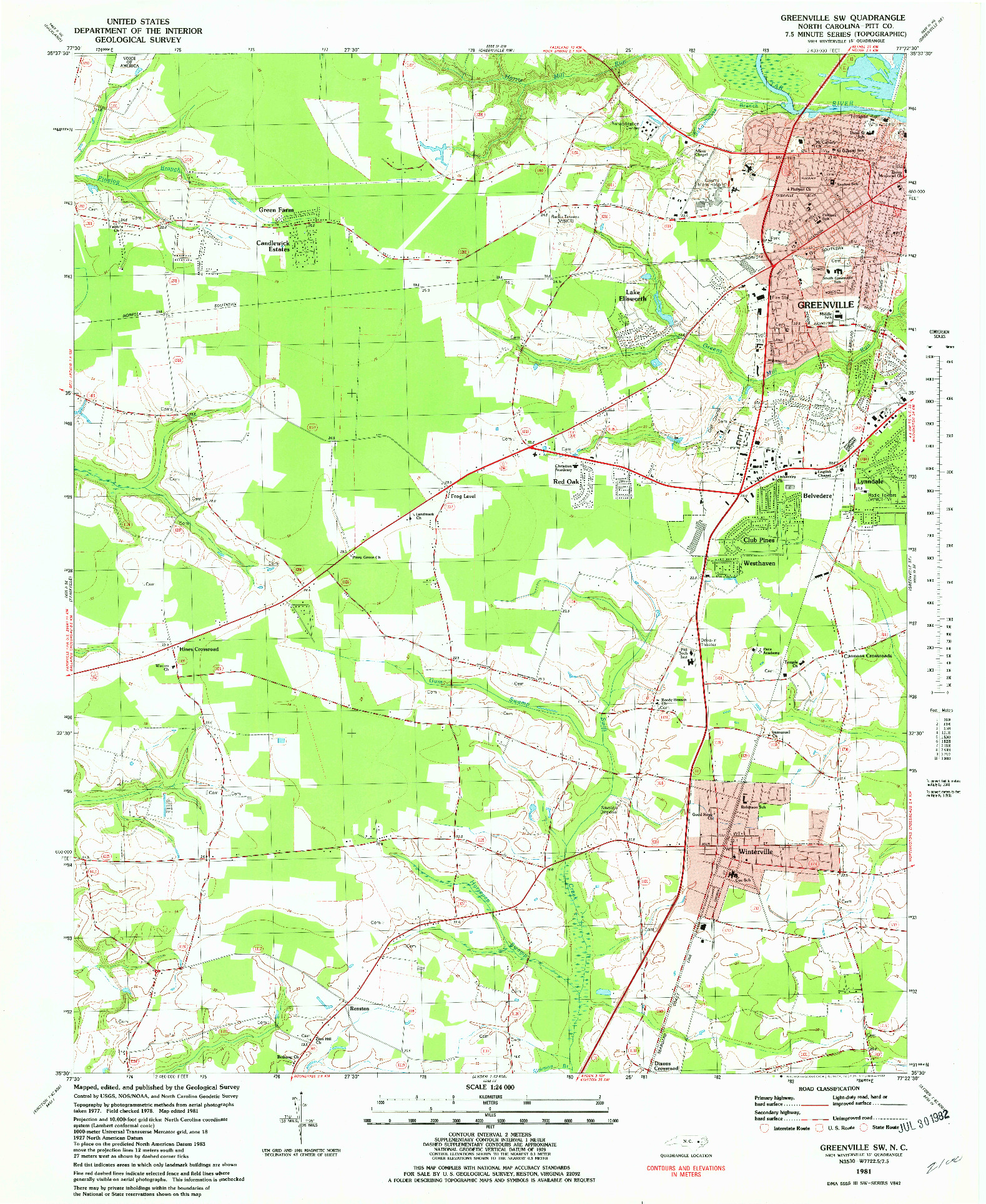 USGS 1:24000-SCALE QUADRANGLE FOR GREENVILLE SW, NC 1981