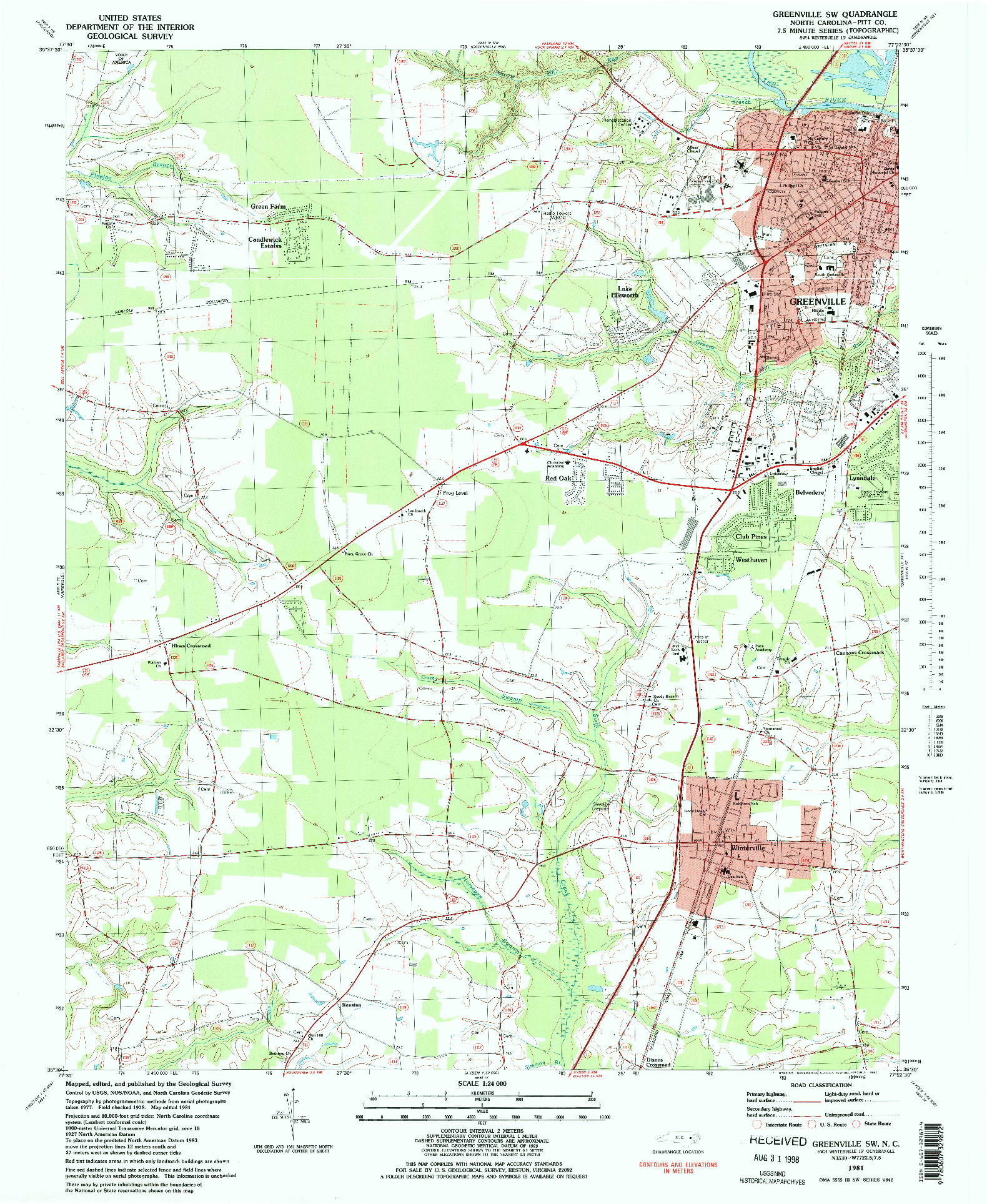 USGS 1:24000-SCALE QUADRANGLE FOR GREENVILLE SW, NC 1981