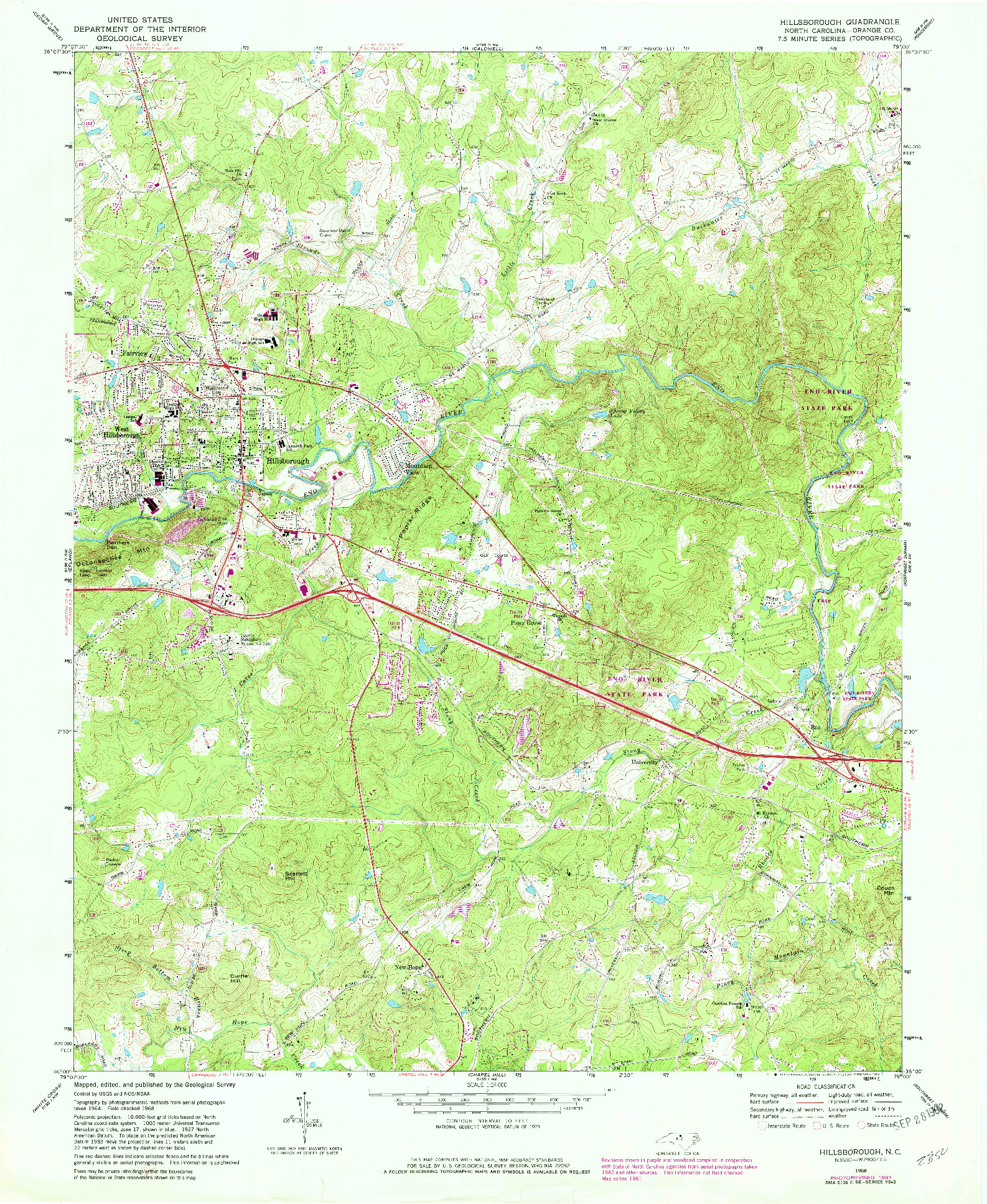 USGS 1:24000-SCALE QUADRANGLE FOR HILLSBOROUGH, NC 1968