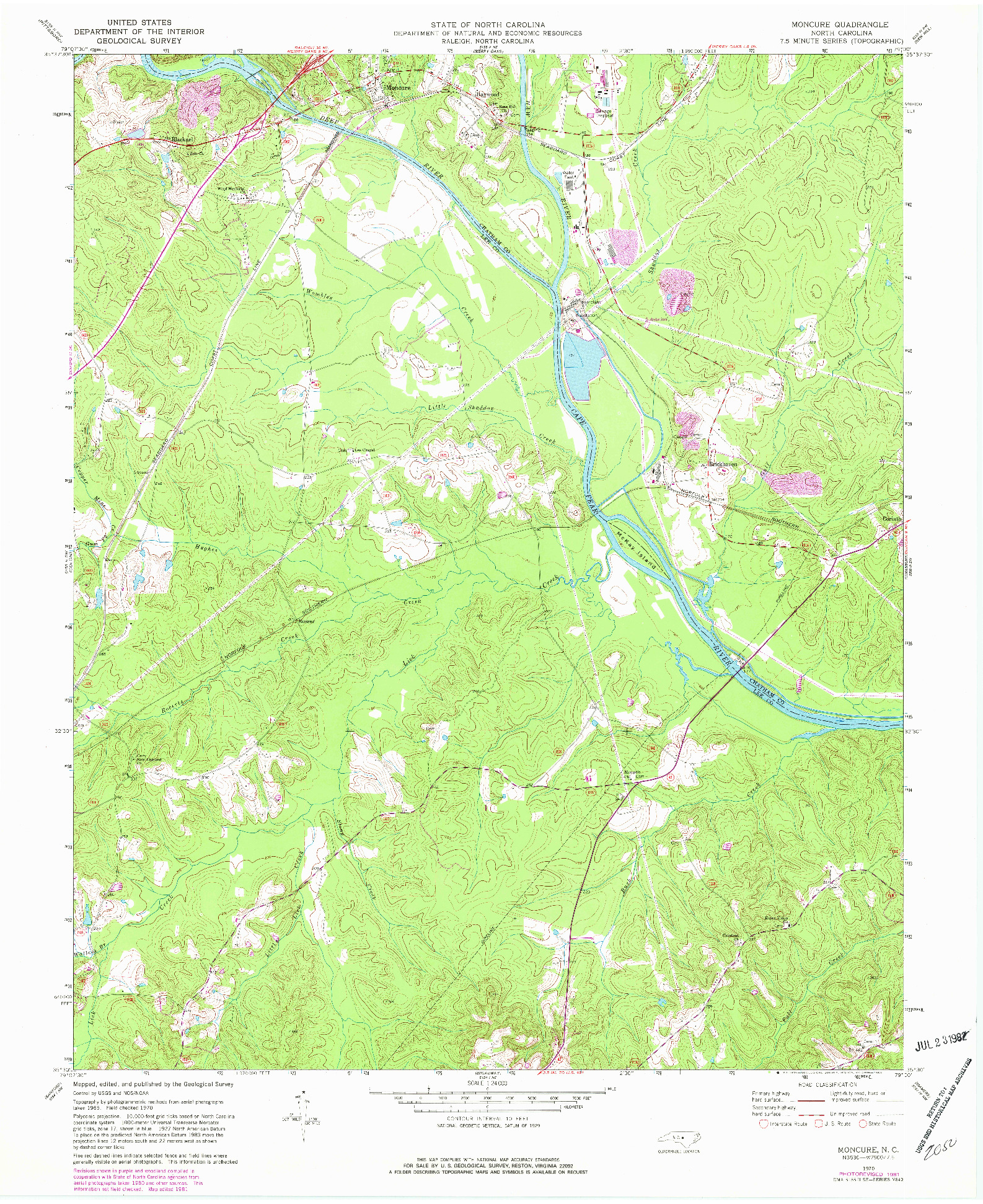 USGS 1:24000-SCALE QUADRANGLE FOR MONCURE, NC 1970