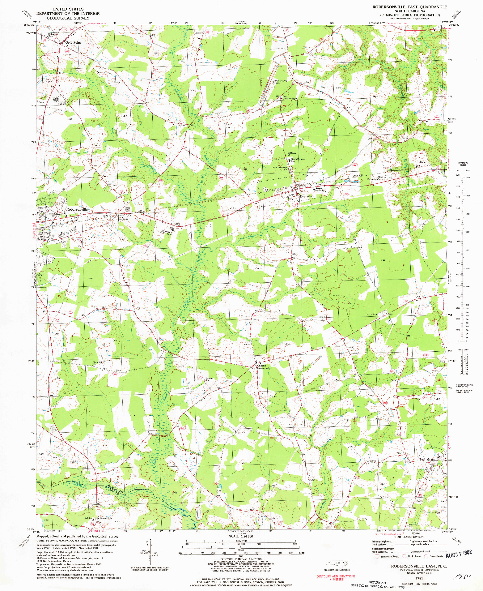 USGS 1:24000-SCALE QUADRANGLE FOR ROBERSONSVILLE EAST, NC 1981