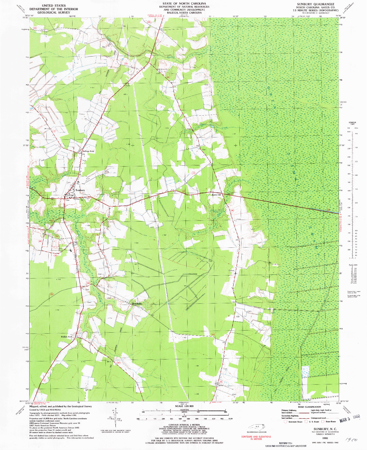 USGS 1:24000-SCALE QUADRANGLE FOR SUNBURY, NC 1981