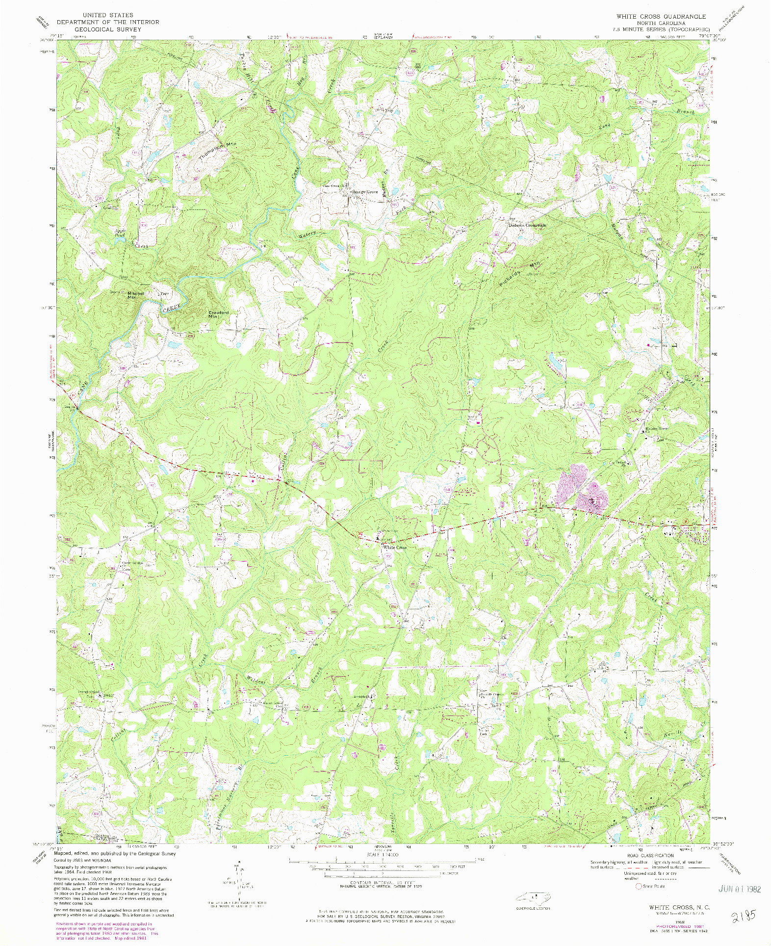 USGS 1:24000-SCALE QUADRANGLE FOR WHITE CROSS, NC 1968