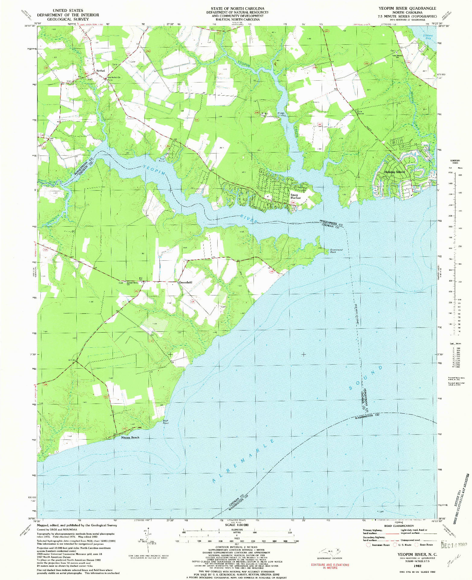 USGS 1:24000-SCALE QUADRANGLE FOR YEOPIM RIVER, NC 1982
