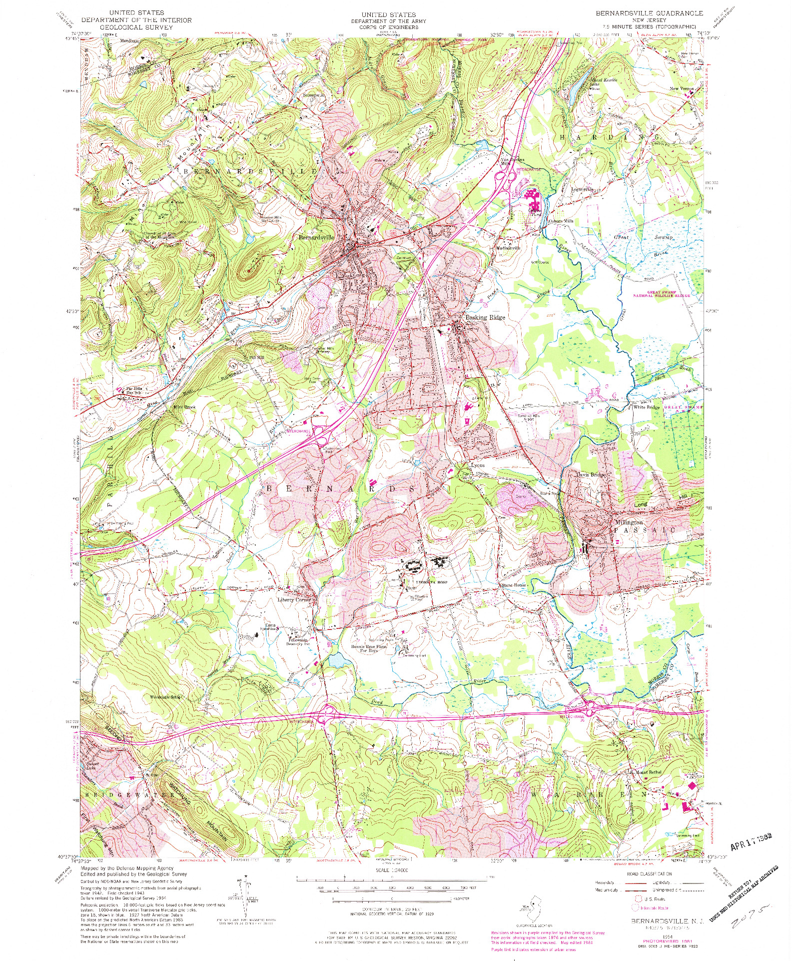 USGS 1:24000-SCALE QUADRANGLE FOR BERNARDSVILLE, NJ 1954