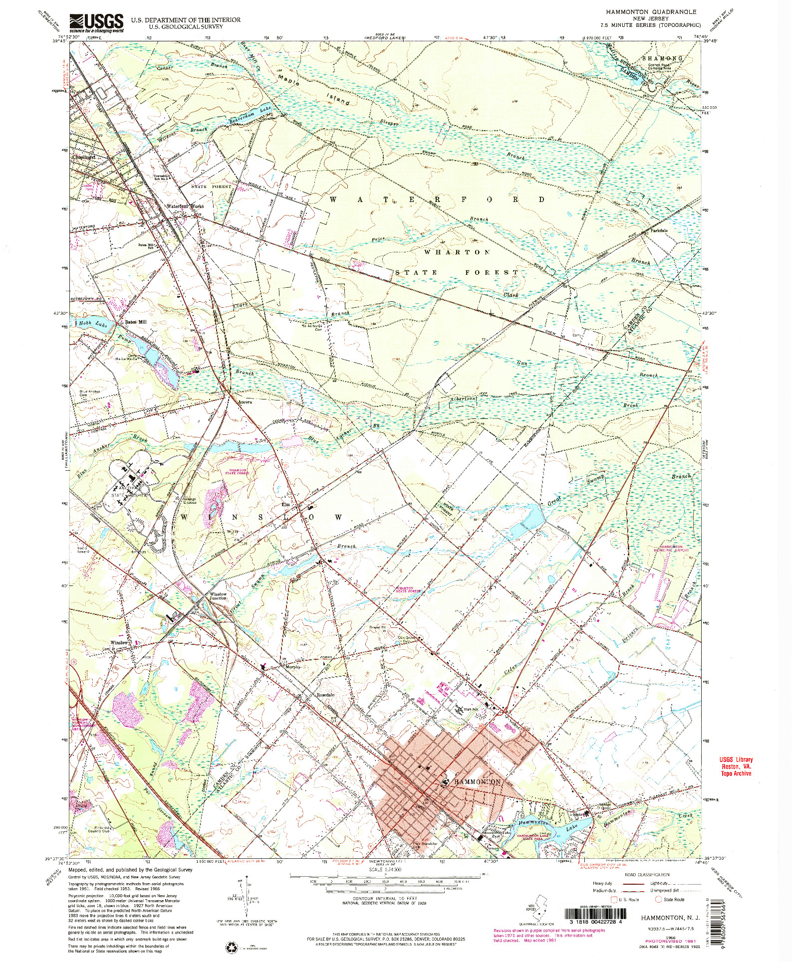 USGS 1:24000-SCALE QUADRANGLE FOR HAMMONTON, NJ 1966