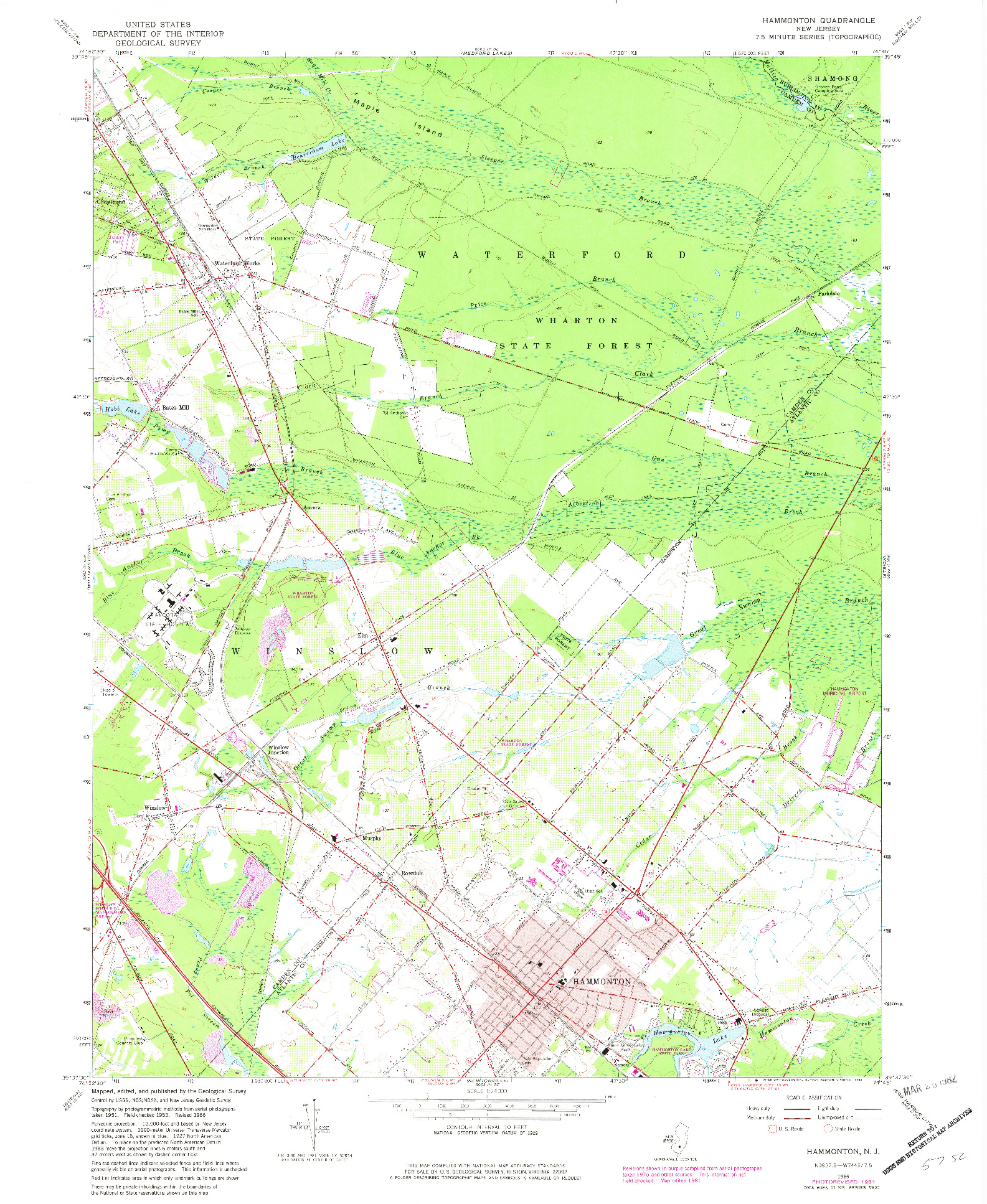 USGS 1:24000-SCALE QUADRANGLE FOR HAMMONTON, NJ 1966