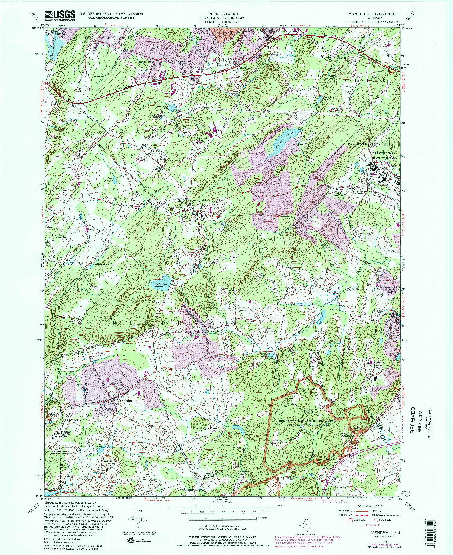 USGS 1:24000-SCALE QUADRANGLE FOR MENDHAM, NJ 1954