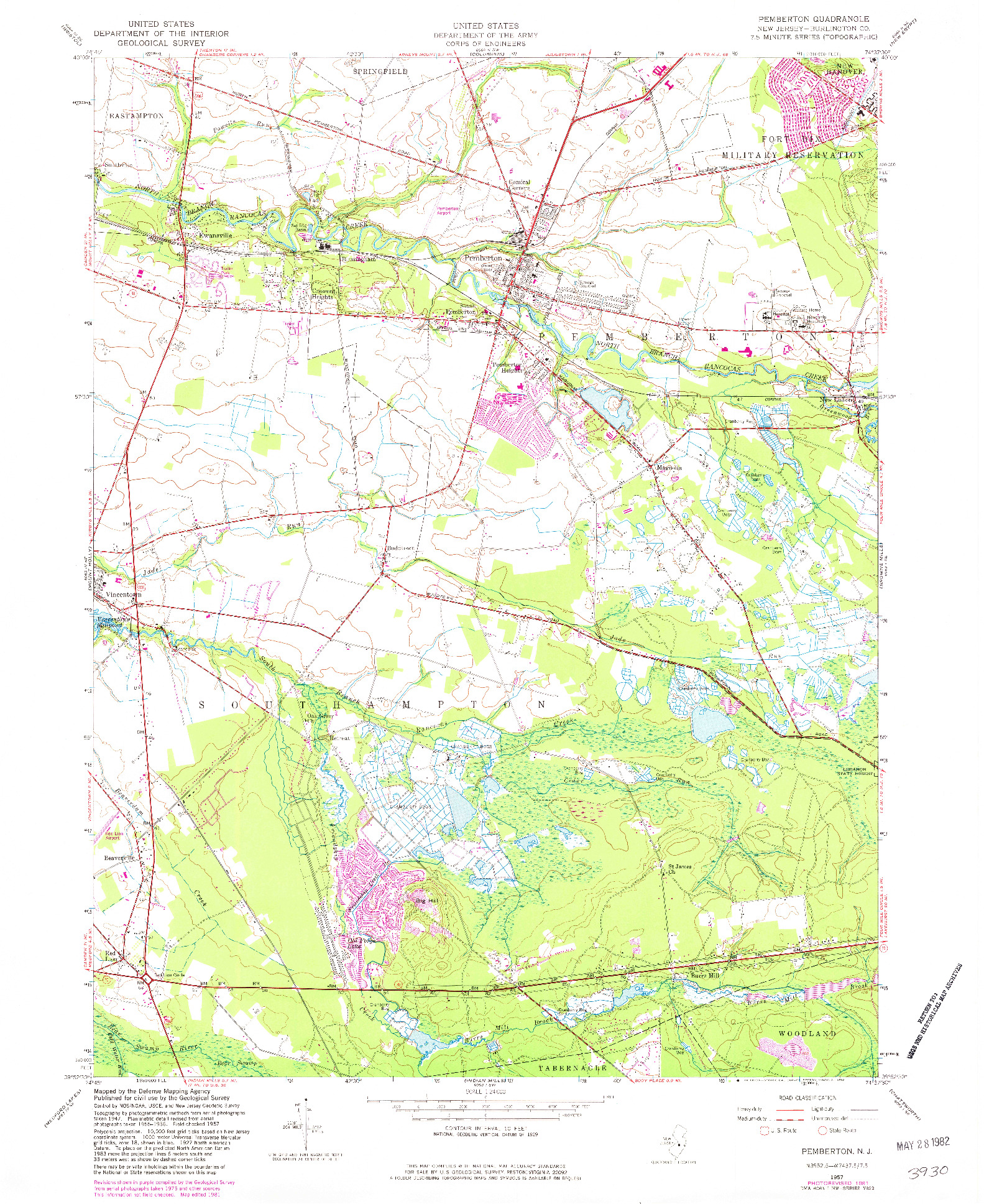USGS 1:24000-SCALE QUADRANGLE FOR PEMBERTON, NJ 1957
