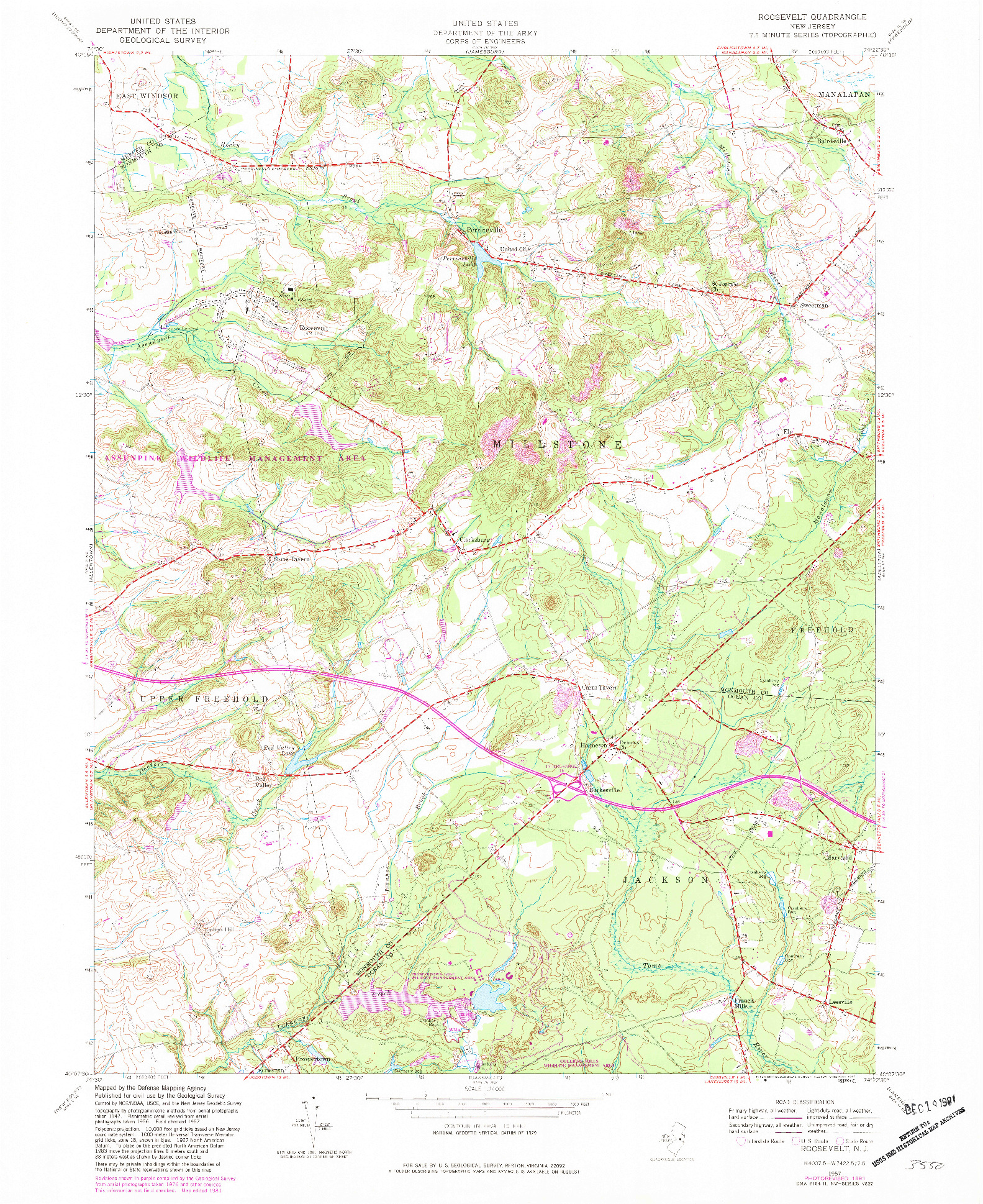 USGS 1:24000-SCALE QUADRANGLE FOR ROOSEVELT, NJ 1957