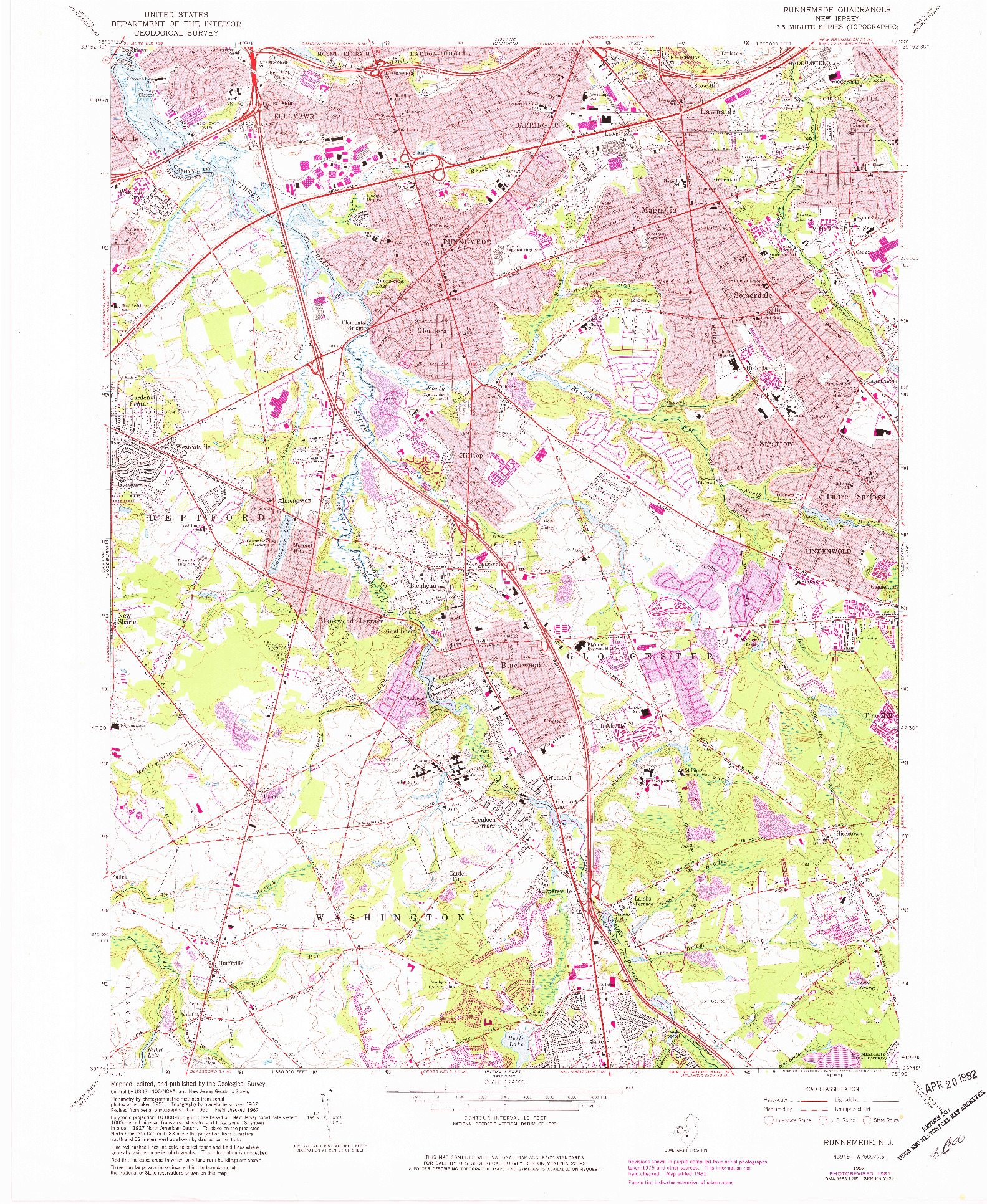 USGS 1:24000-SCALE QUADRANGLE FOR RUNNEMEDE, NJ 1967