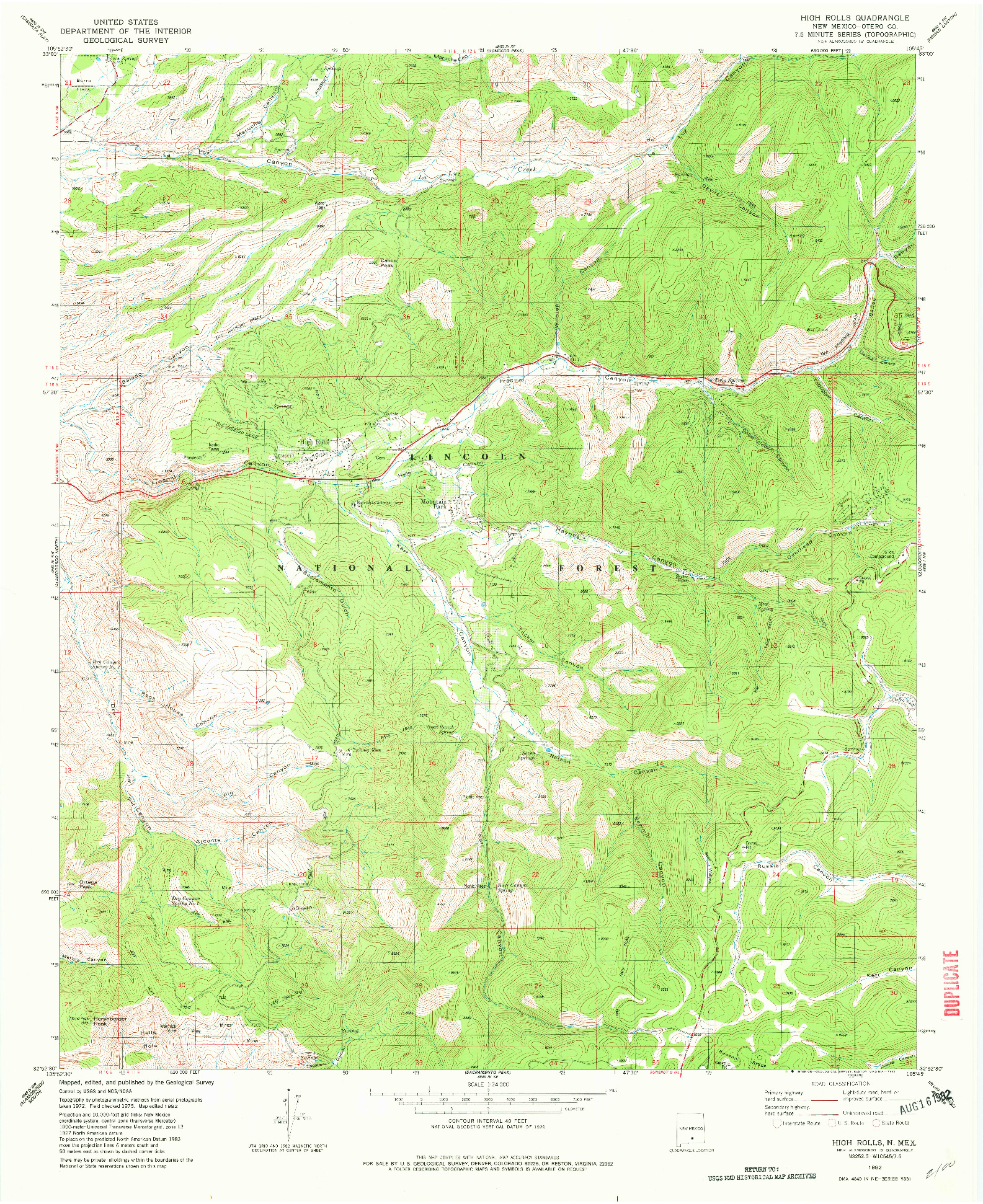 USGS 1:24000-SCALE QUADRANGLE FOR HIGH ROLLS, NM 1982