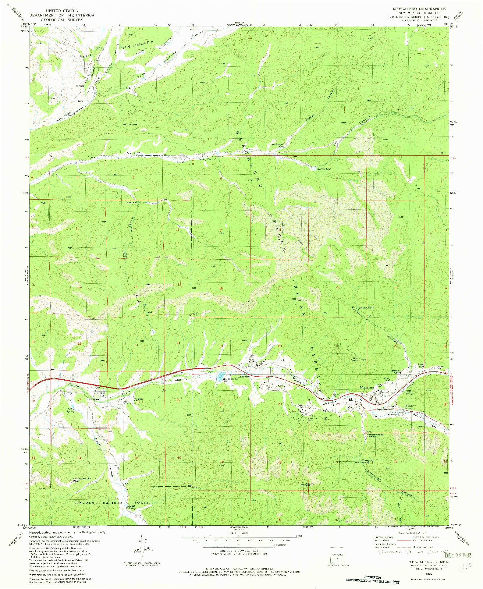USGS 1:24000-SCALE QUADRANGLE FOR MESCALERO, NM 1982
