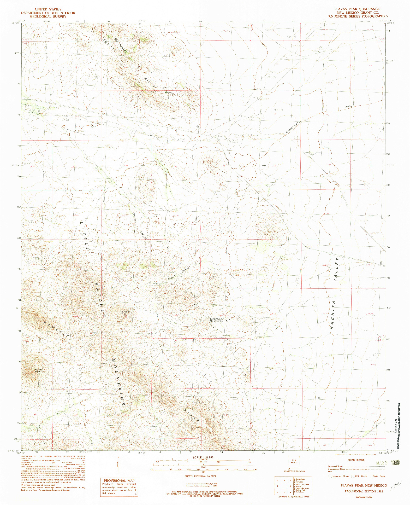 USGS 1:24000-SCALE QUADRANGLE FOR PLAYAS PEAK, NM 1982