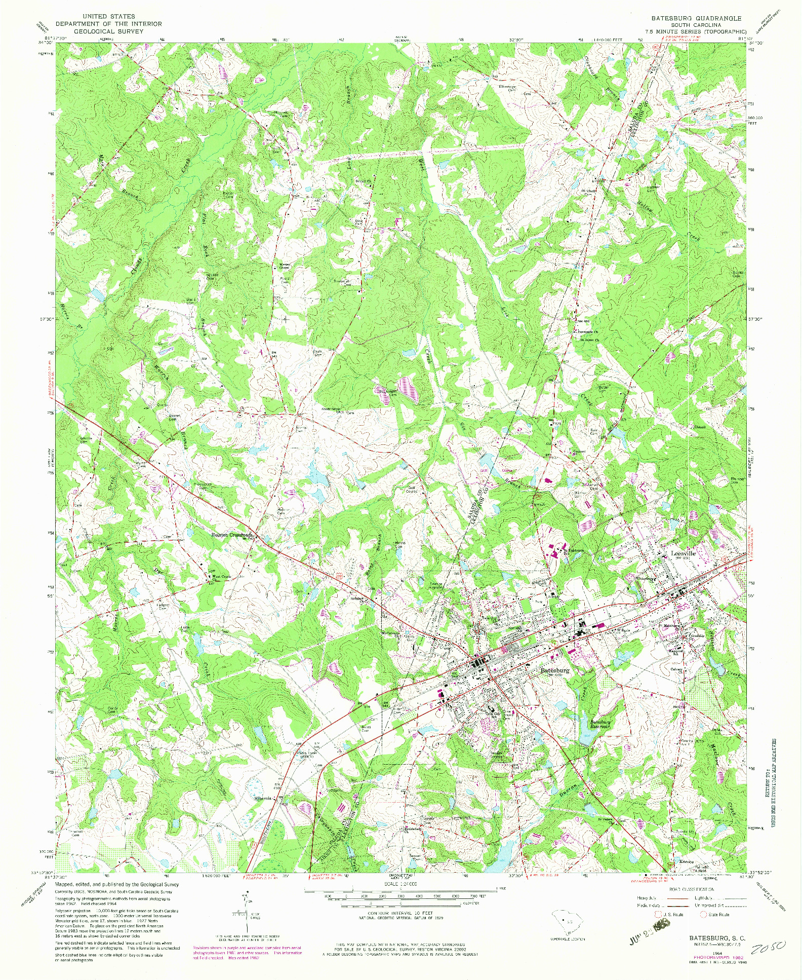 USGS 1:24000-SCALE QUADRANGLE FOR BATESBURG, SC 1964