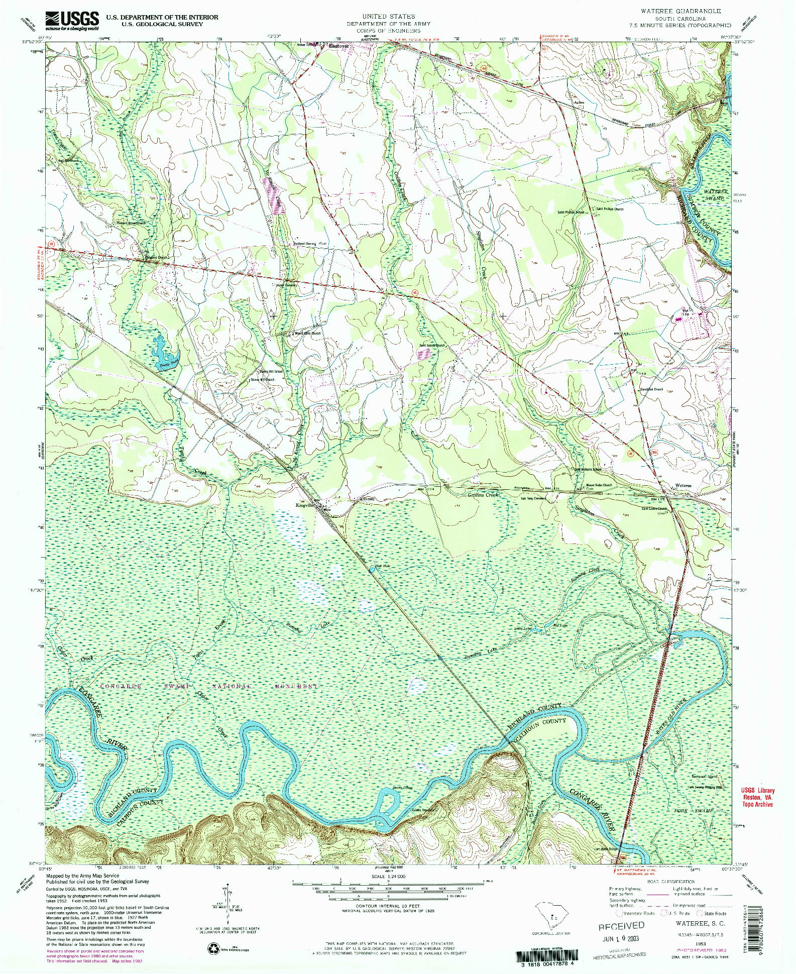 USGS 1:24000-SCALE QUADRANGLE FOR WATEREE, SC 1953