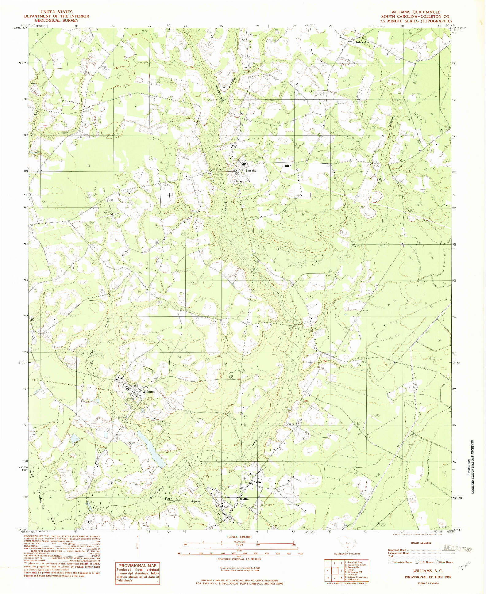 USGS 1:24000-SCALE QUADRANGLE FOR WILLIAMS, SC 1982