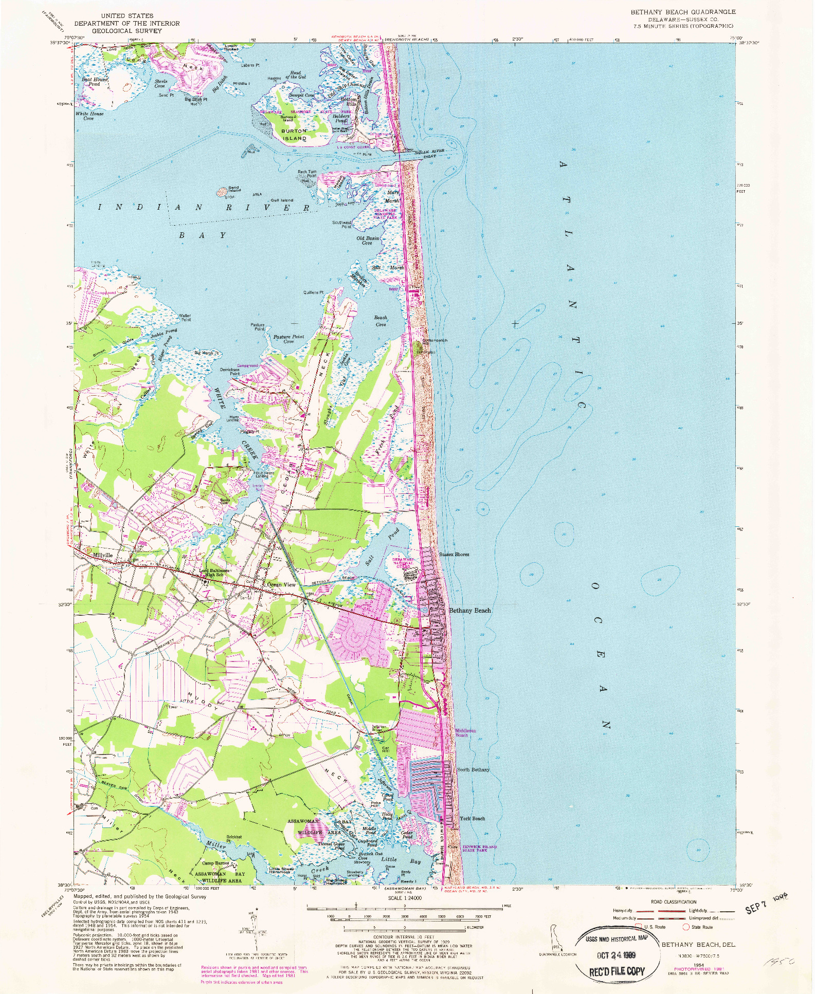 USGS 1:24000-SCALE QUADRANGLE FOR BETHANY BEACH, DE 1954