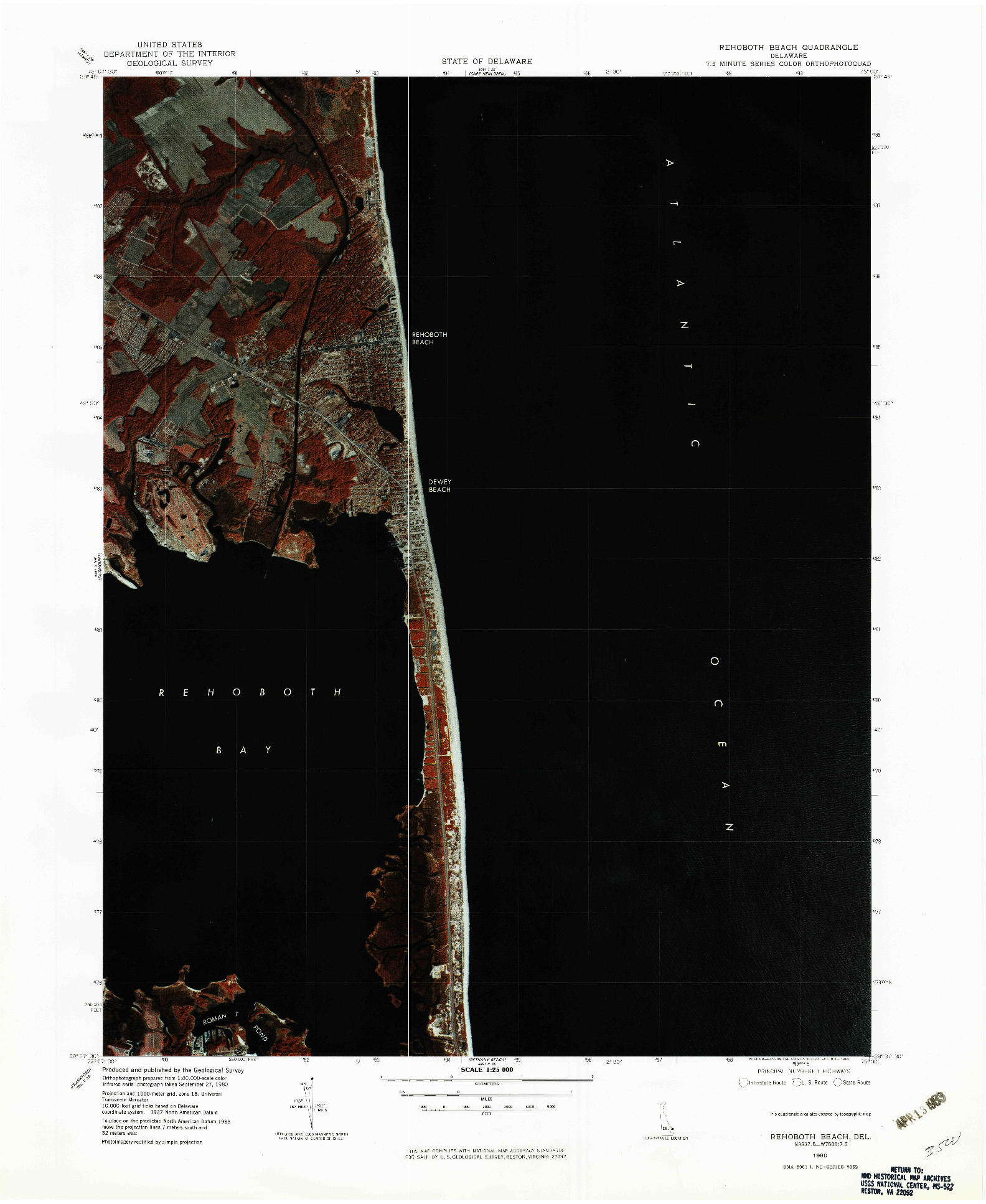 USGS 1:25000-SCALE QUADRANGLE FOR REHOBOTH BEACH, DE 1980