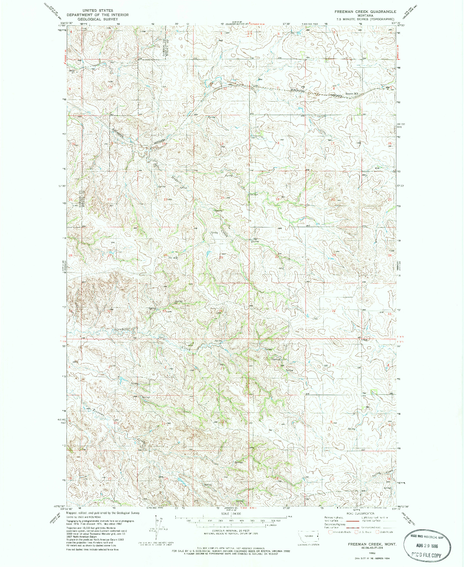 USGS 1:24000-SCALE QUADRANGLE FOR FREEMAN CREEK, MT 1982