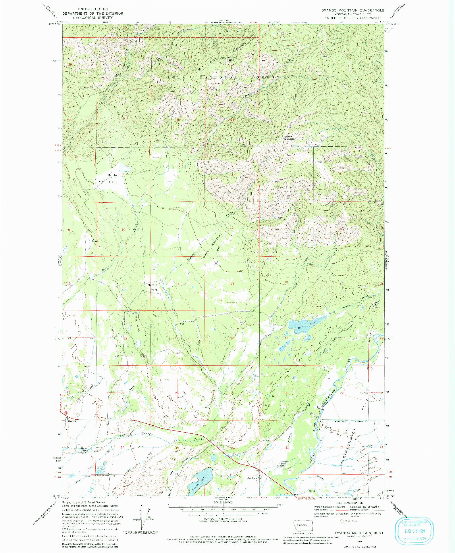 USGS 1:24000-SCALE QUADRANGLE FOR OVANDO MOUNTAIN, MT 1968