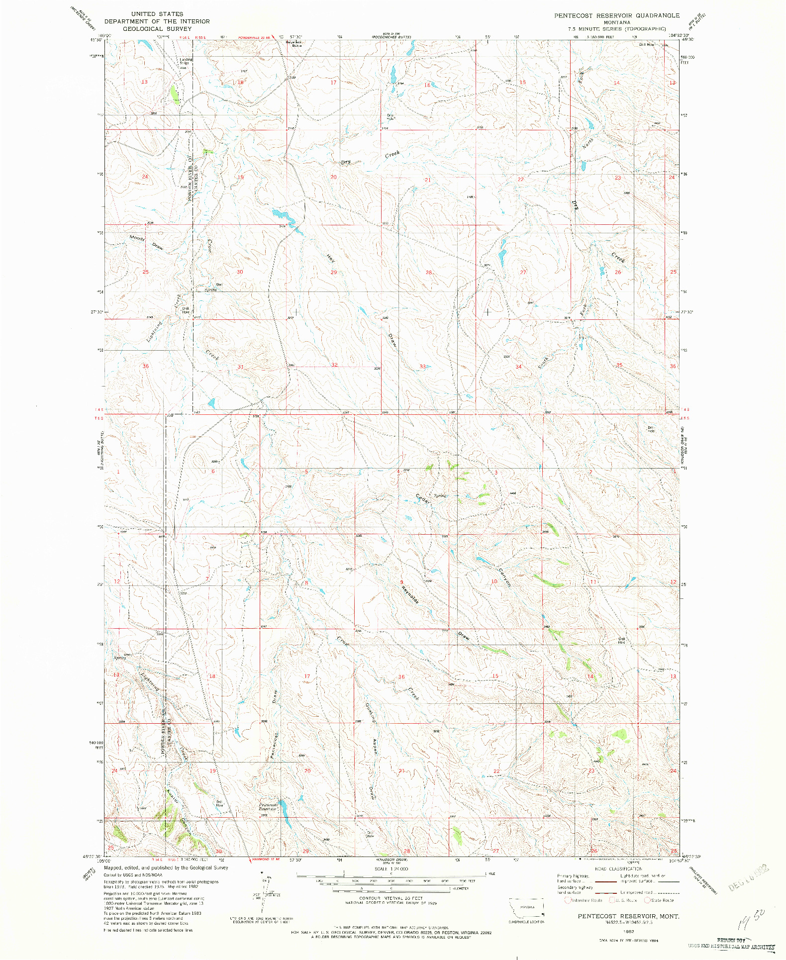 USGS 1:24000-SCALE QUADRANGLE FOR PENTECOST RESERVOIR, MT 1982