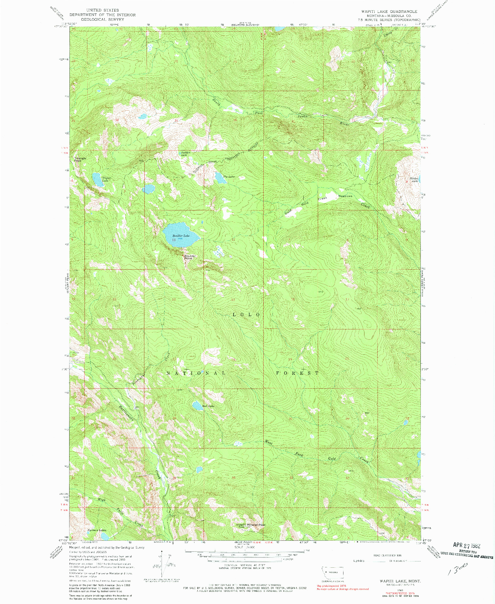 USGS 1:24000-SCALE QUADRANGLE FOR WAPITI LAKE, MT 1965