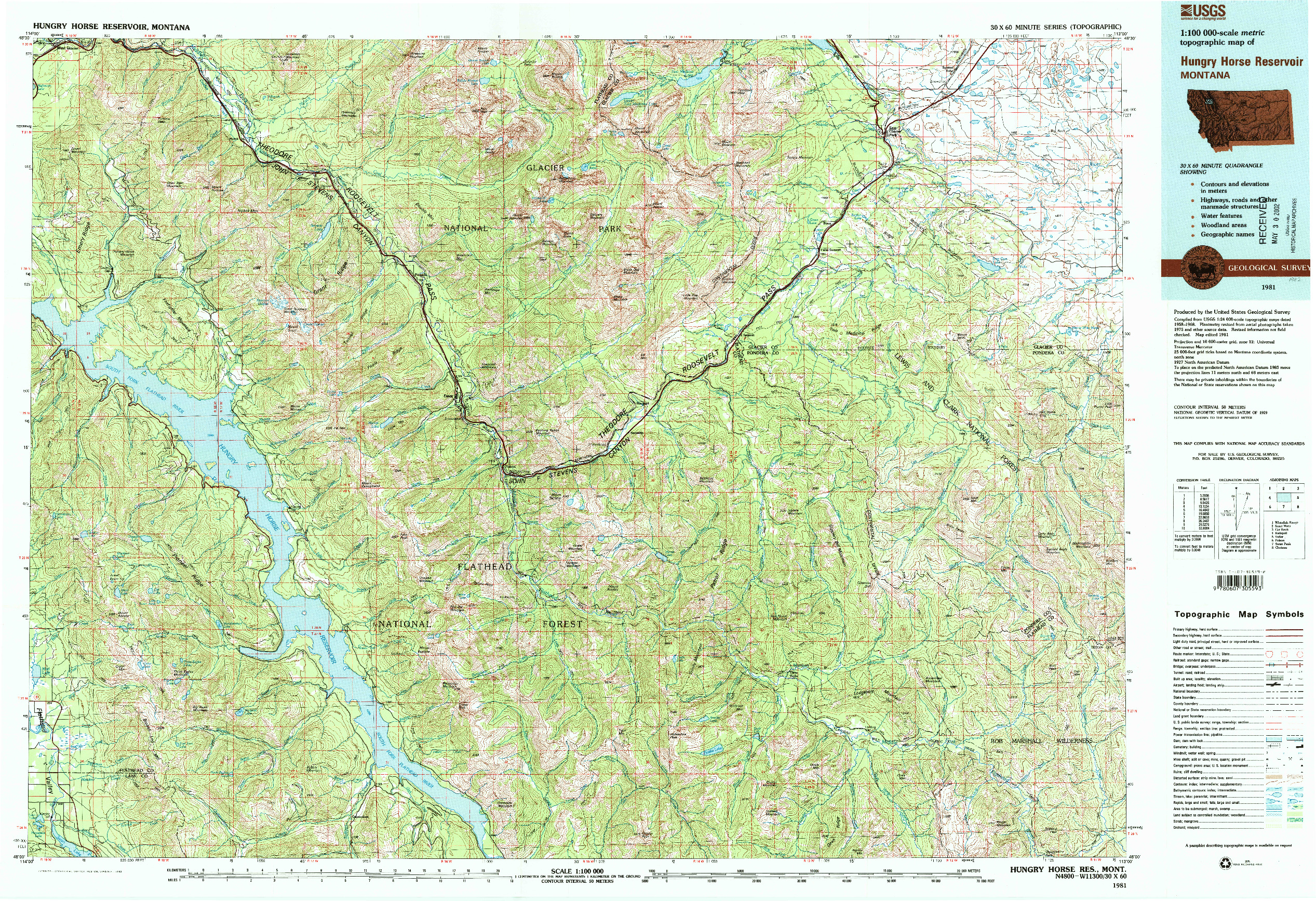 USGS 1:100000-SCALE QUADRANGLE FOR HUNGRY HORSE RESERVOIR, MT 1981
