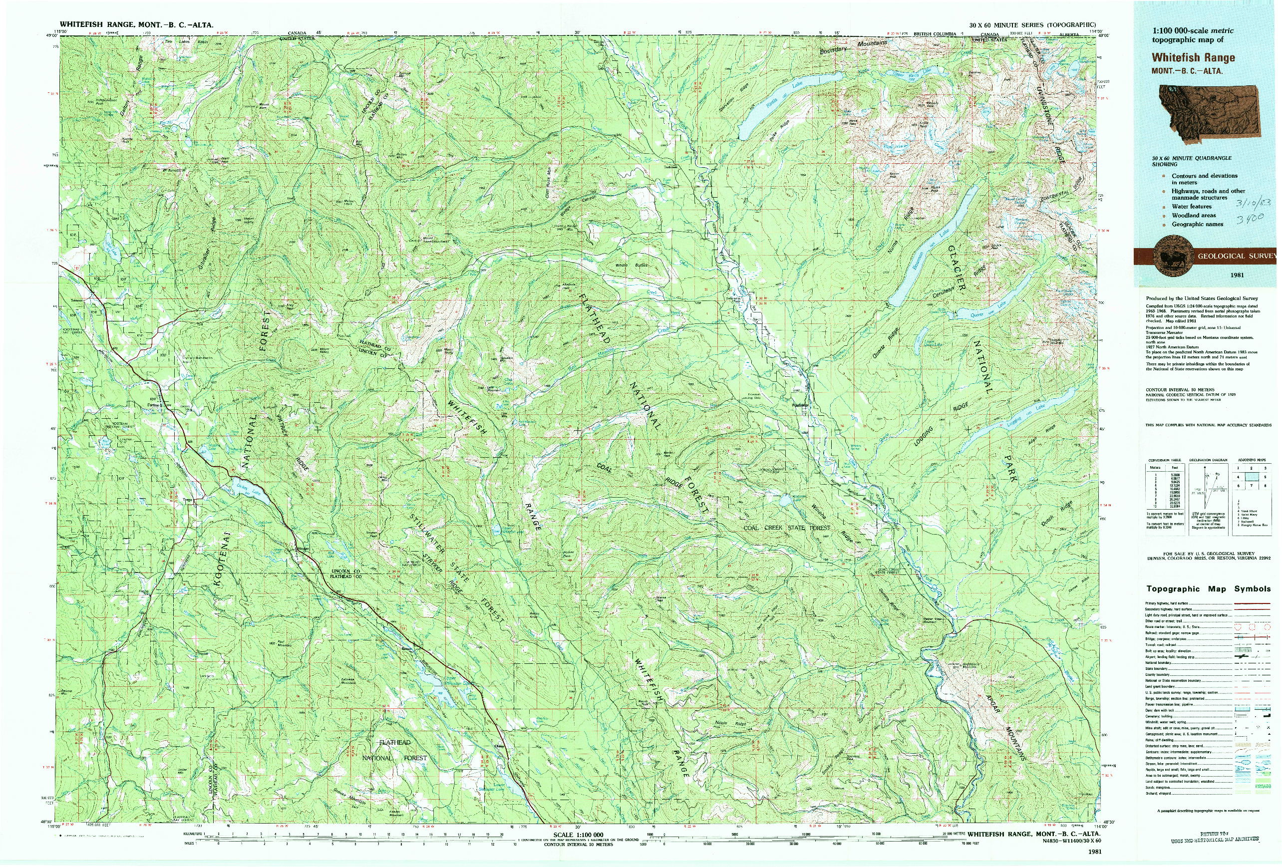 USGS 1:100000-SCALE QUADRANGLE FOR WHITEFISH RANGE, MT 1981