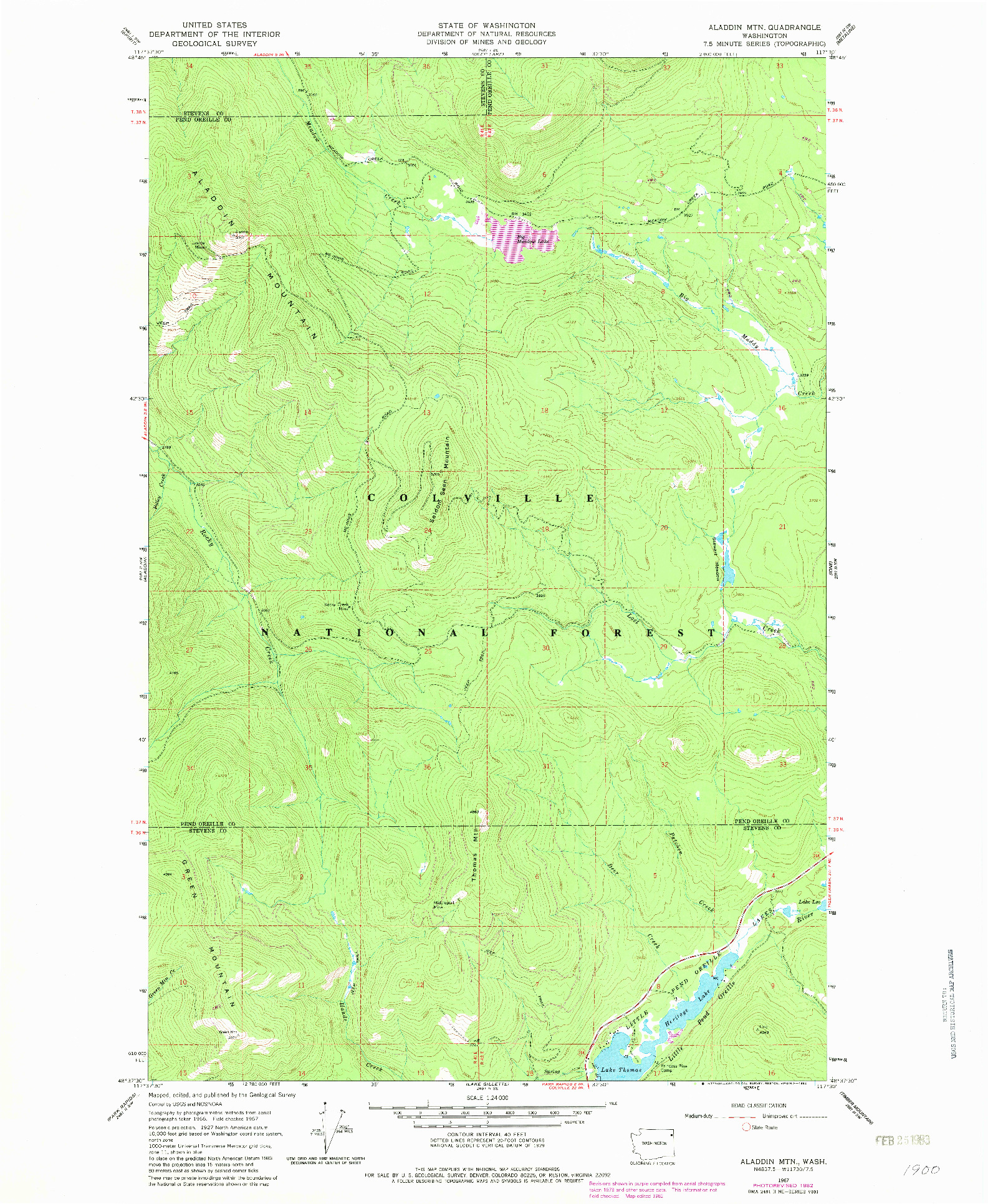 USGS 1:24000-SCALE QUADRANGLE FOR ALADDIN MTN, WA 1967
