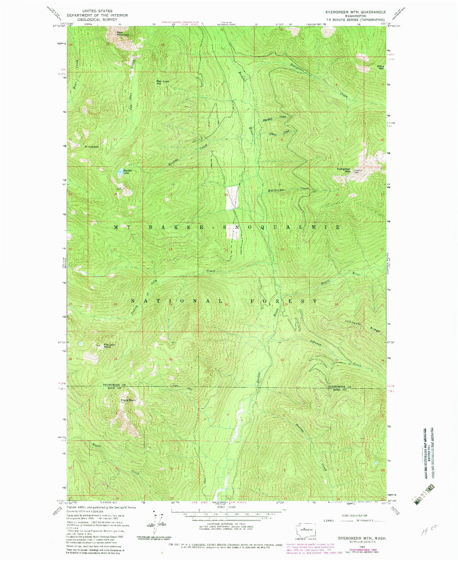 USGS 1:24000-SCALE QUADRANGLE FOR EVERGREEN MTN, WA 1965