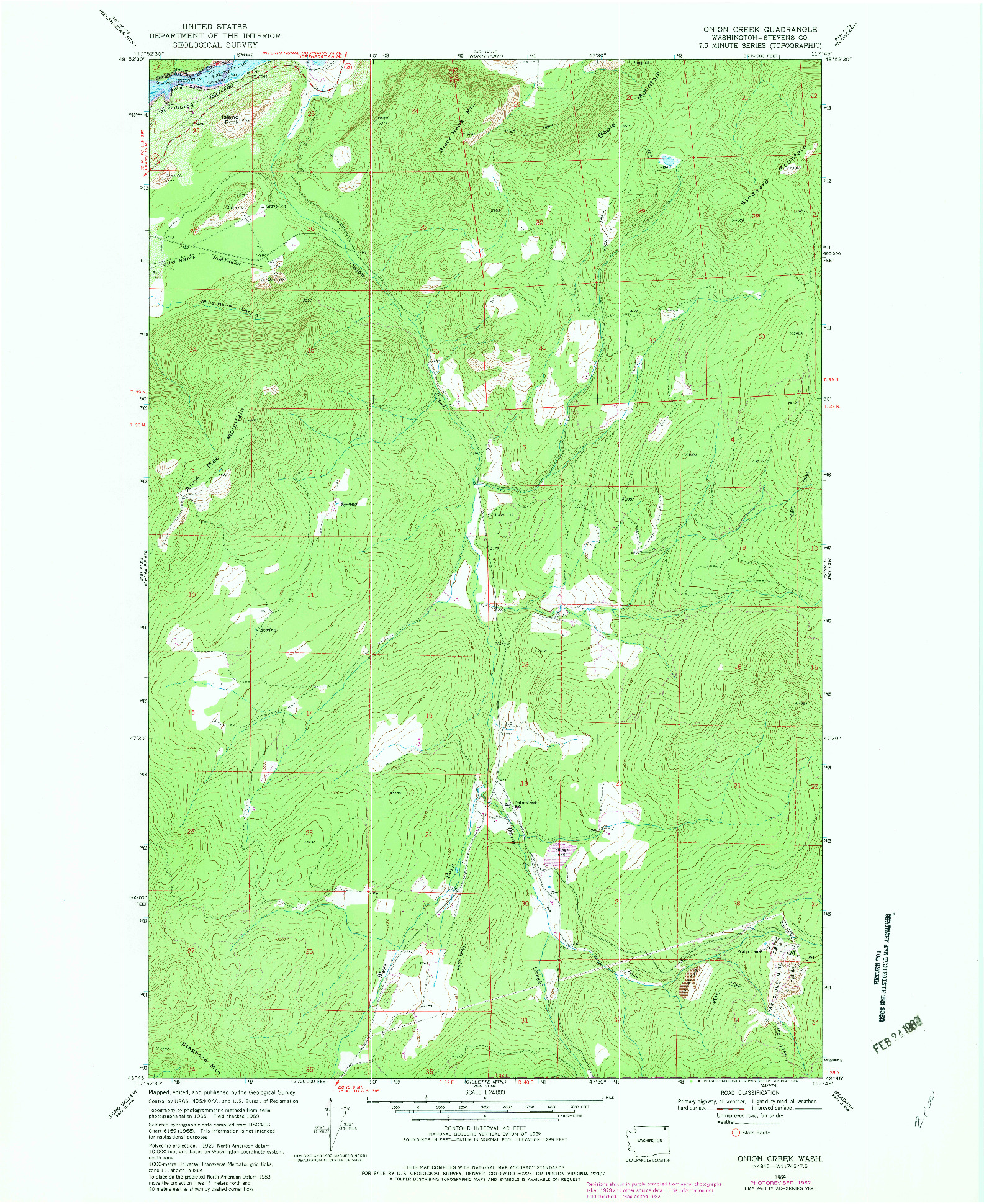 USGS 1:24000-SCALE QUADRANGLE FOR ONION CREEK, WA 1969