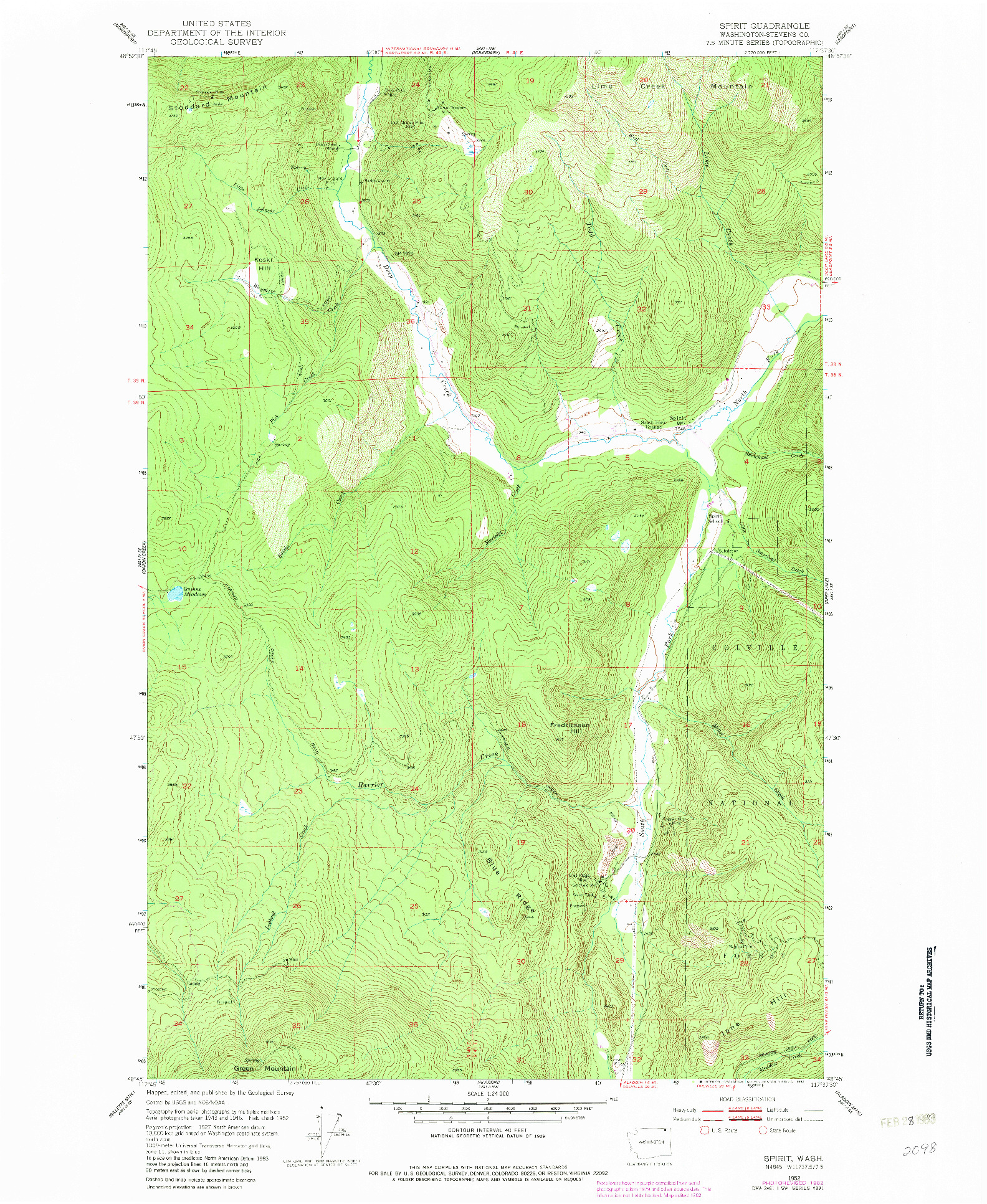 USGS 1:24000-SCALE QUADRANGLE FOR SPIRIT, WA 1952