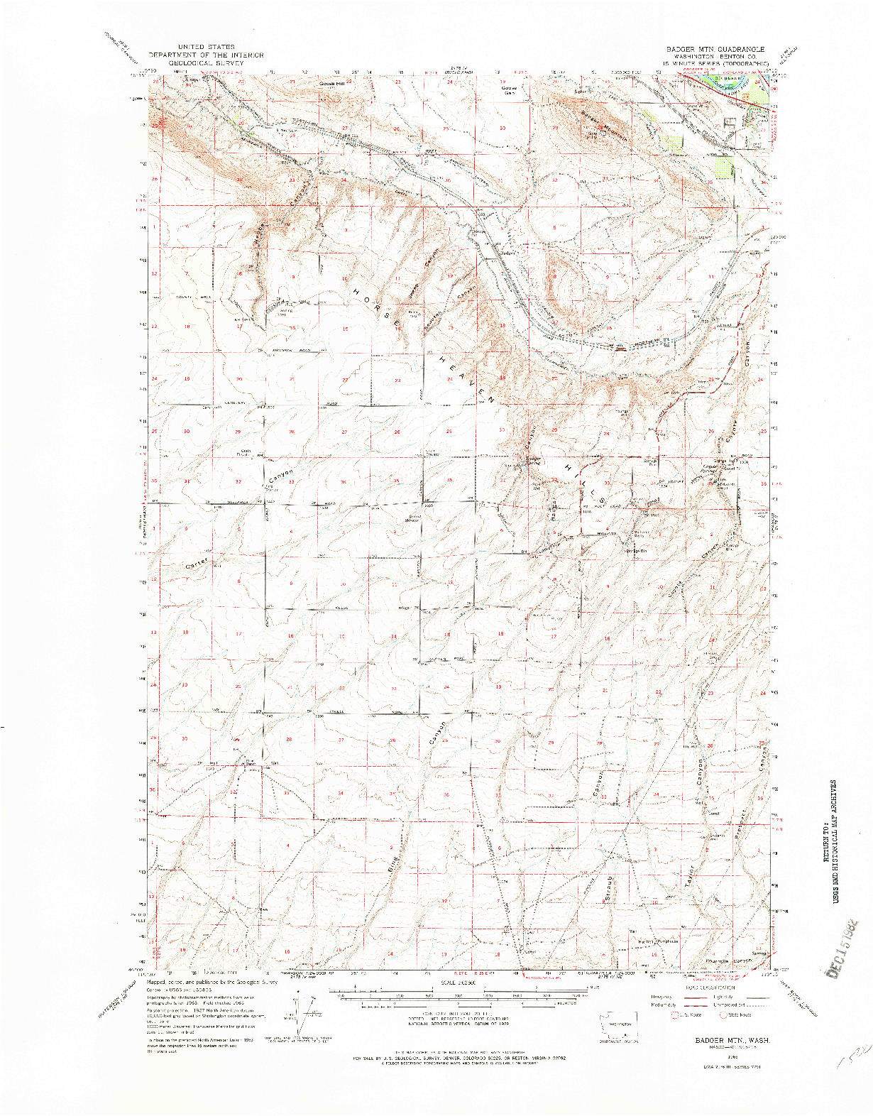 USGS 1:62500-SCALE QUADRANGLE FOR BADGER MTN, WA 1965