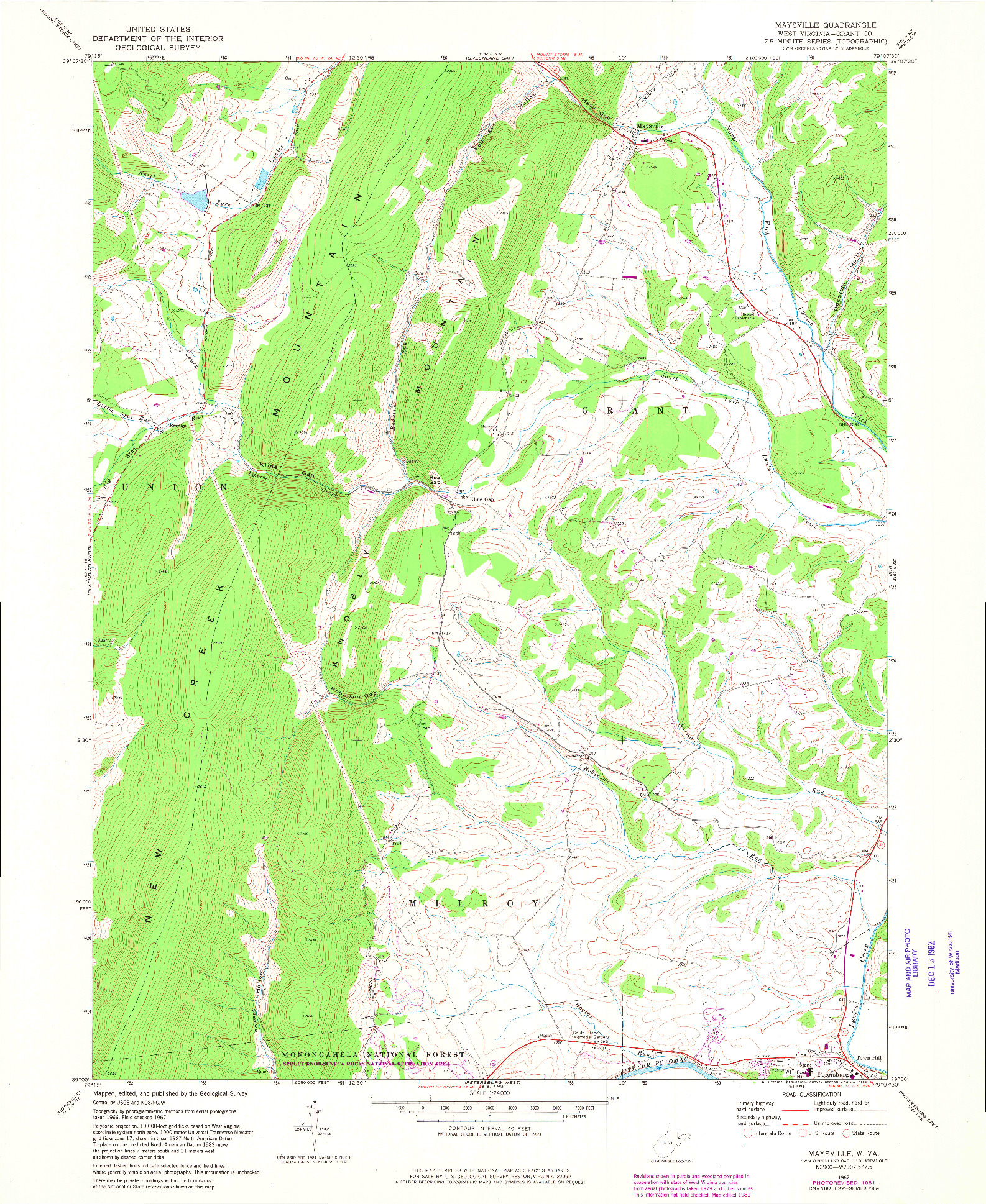 USGS 1:24000-SCALE QUADRANGLE FOR MAYSVILLE, WV 1967