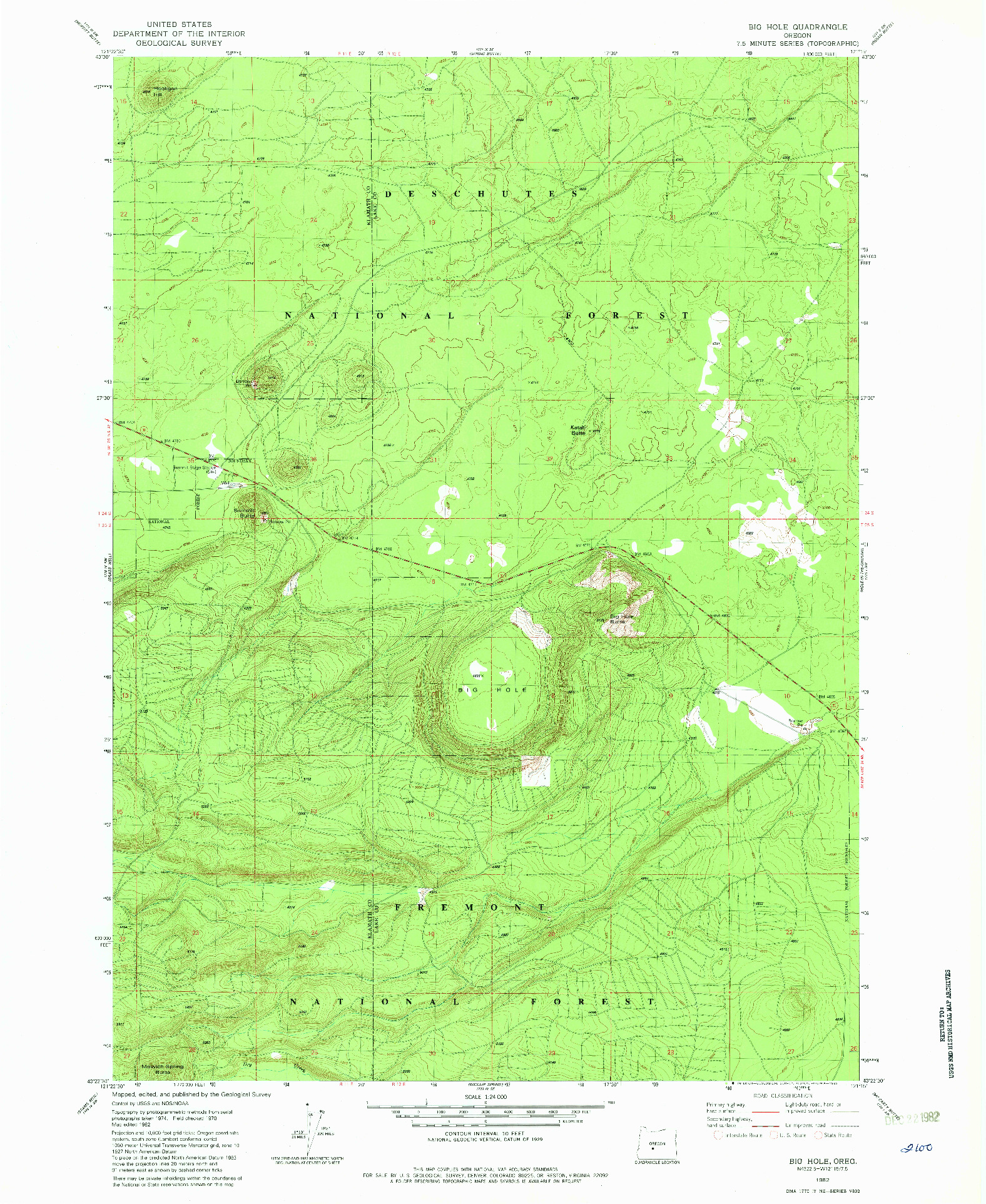 USGS 1:24000-SCALE QUADRANGLE FOR BIG HOLE, OR 1982