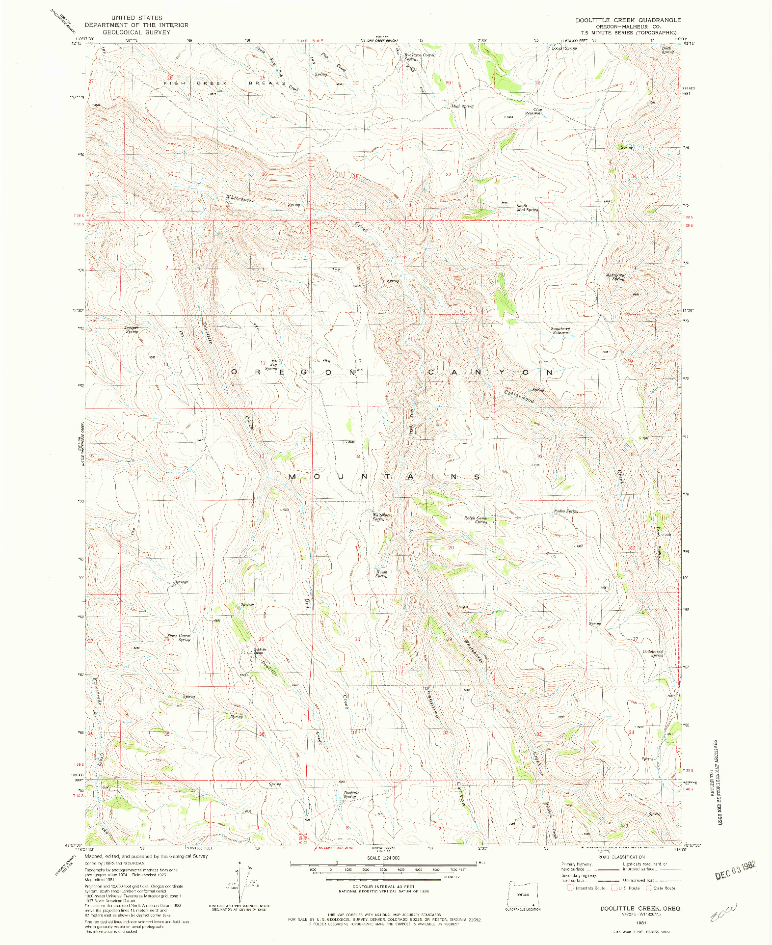 USGS 1:24000-SCALE QUADRANGLE FOR DOOLITTLE CREEK, OR 1981