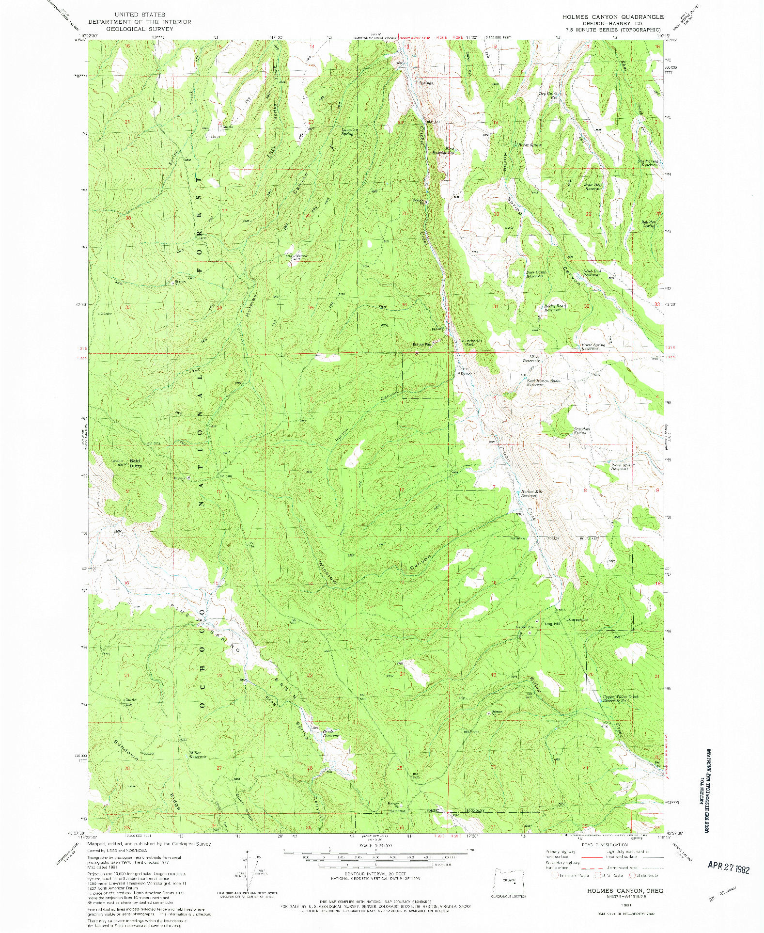 USGS 1:24000-SCALE QUADRANGLE FOR HOLMES CANYON, OR 1981