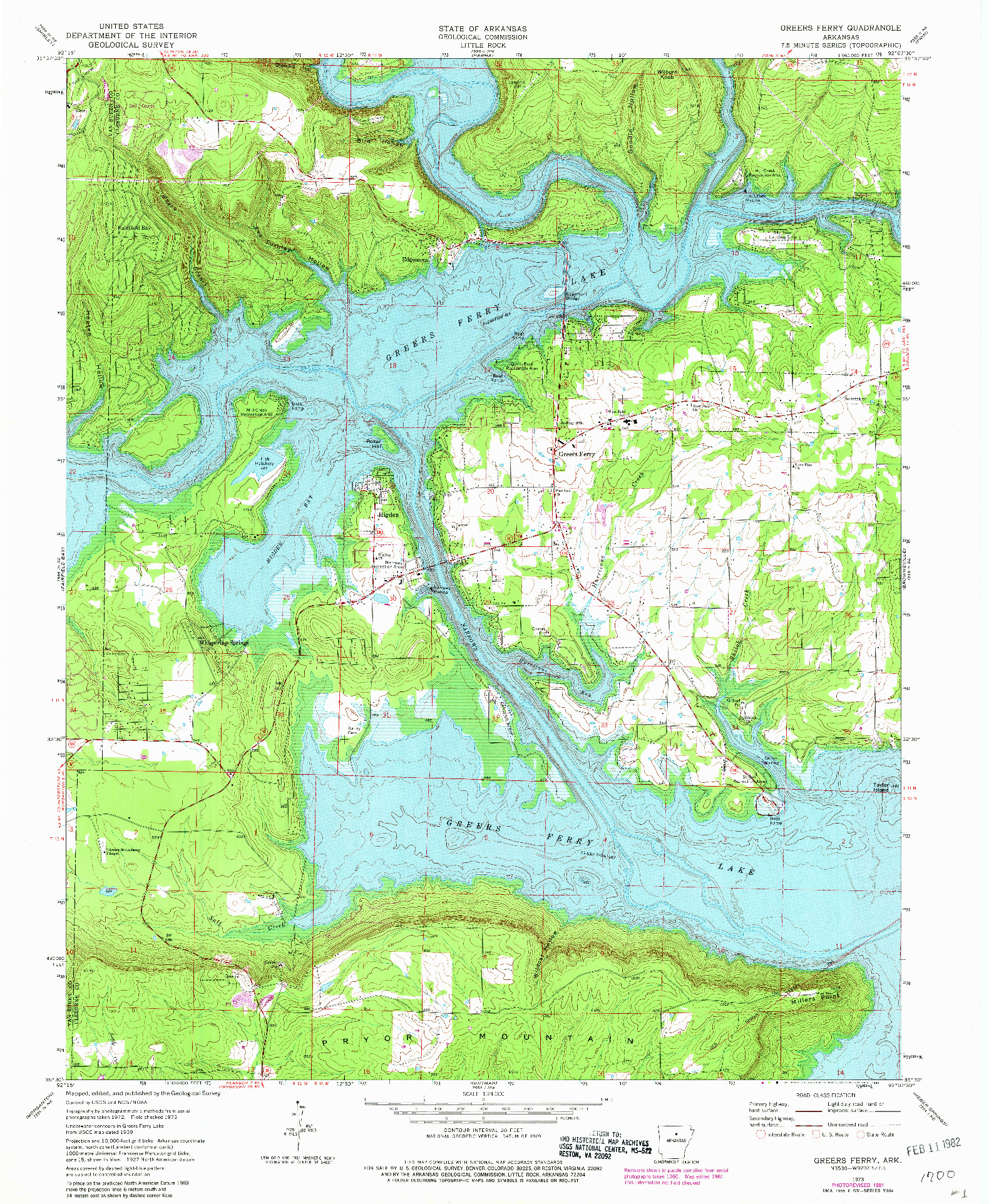 USGS 1:24000-SCALE QUADRANGLE FOR GREERS FERRY, AR 1973