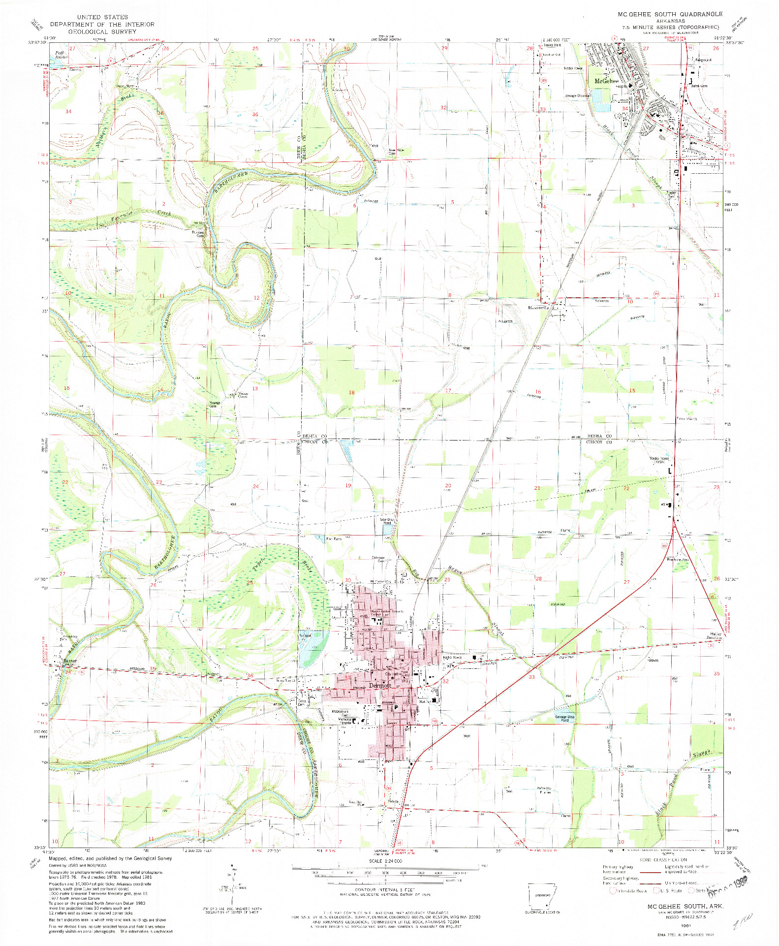 USGS 1:24000-SCALE QUADRANGLE FOR MC GEHEE SOUTH, AR 1981