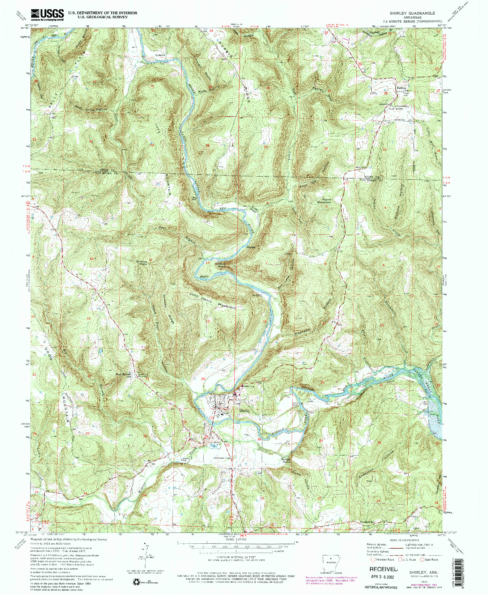 USGS 1:24000-SCALE QUADRANGLE FOR SHIRLEY, AR 1973