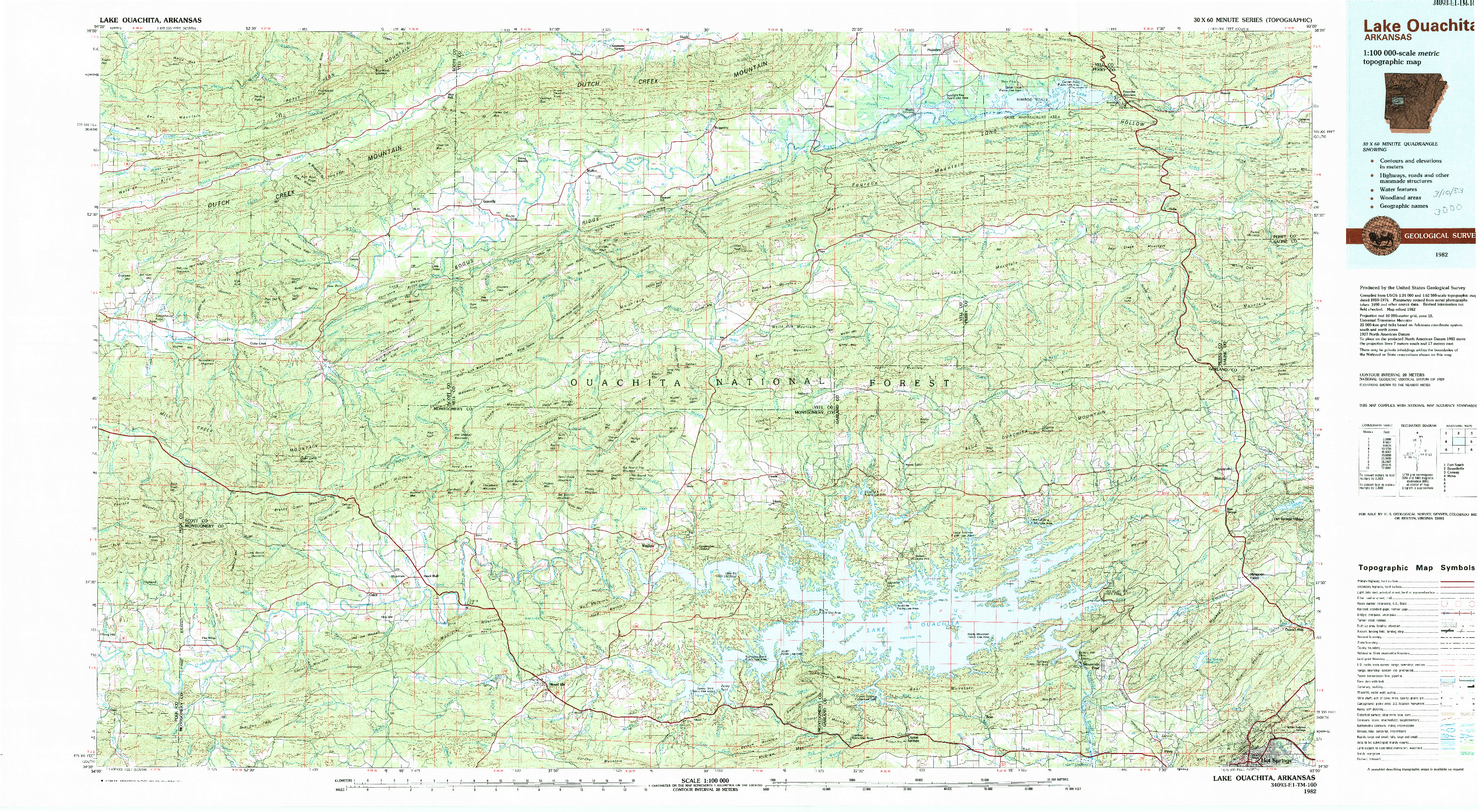 USGS 1:100000-SCALE QUADRANGLE FOR LAKE OUACHITA, AR 1982