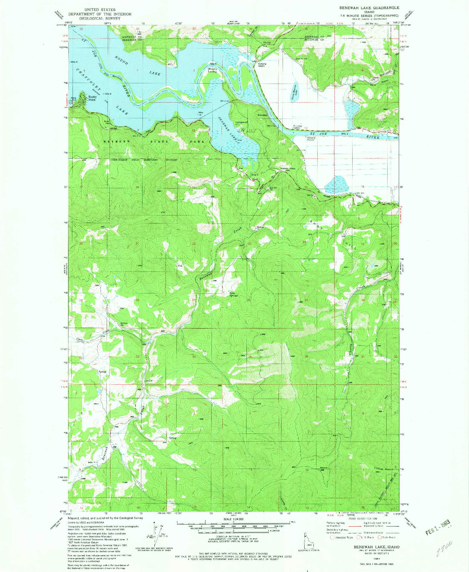 USGS 1:24000-SCALE QUADRANGLE FOR BENEWAH LAKE, ID 1981