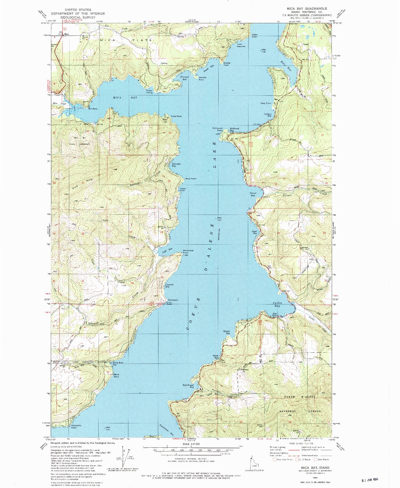 USGS 1:24000-SCALE QUADRANGLE FOR MICA BAY, ID 1981