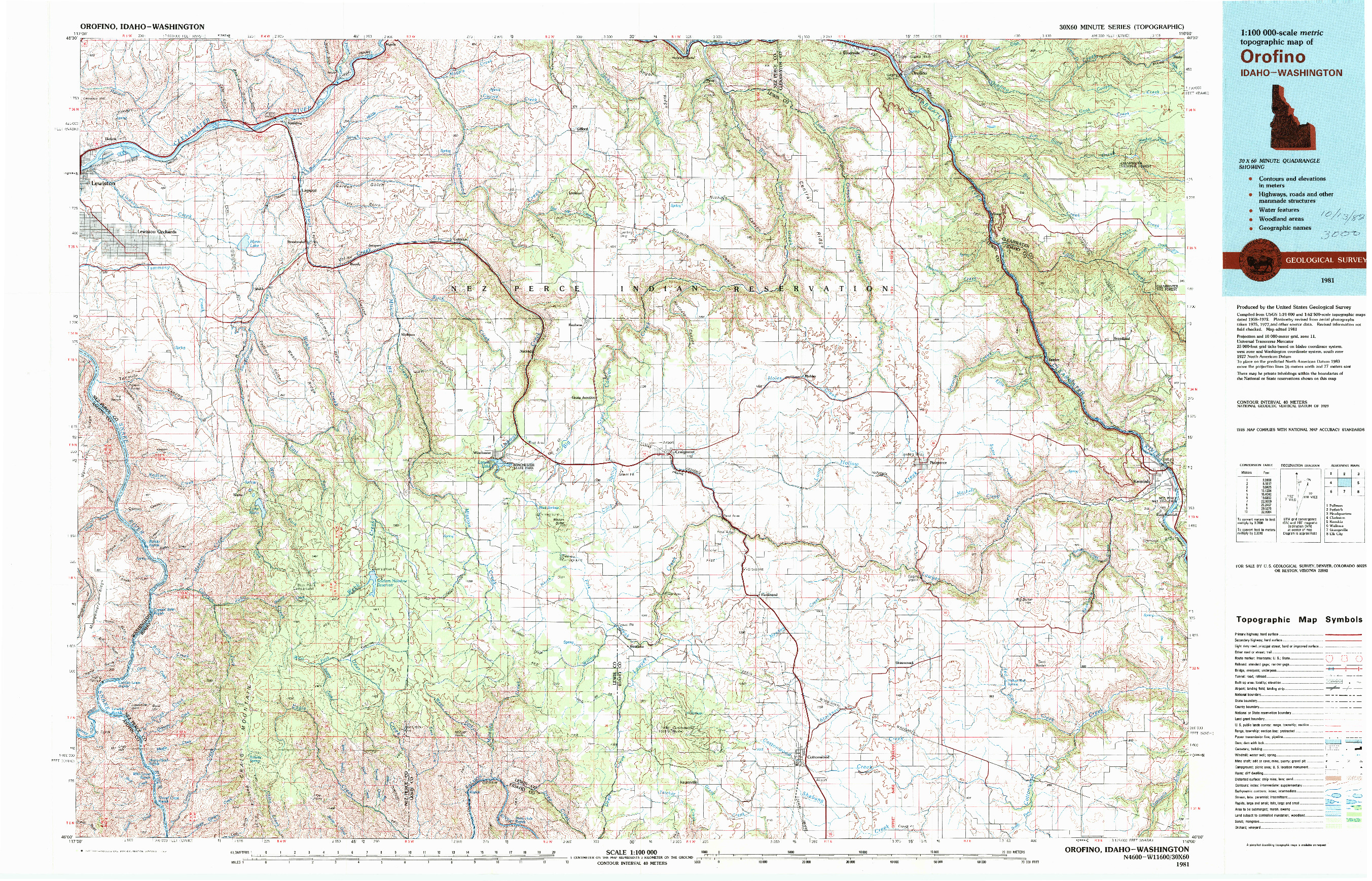 USGS 1:100000-SCALE QUADRANGLE FOR OROFINO, ID 1981